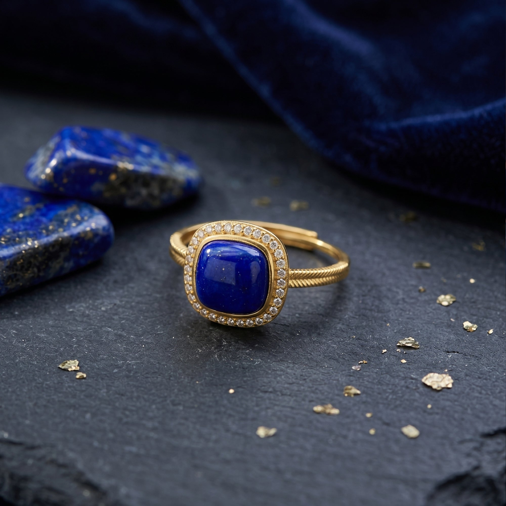 Angled lifestyle view of the square lapis lazuli gold ring on a dark stone surface with blue velvet accents.