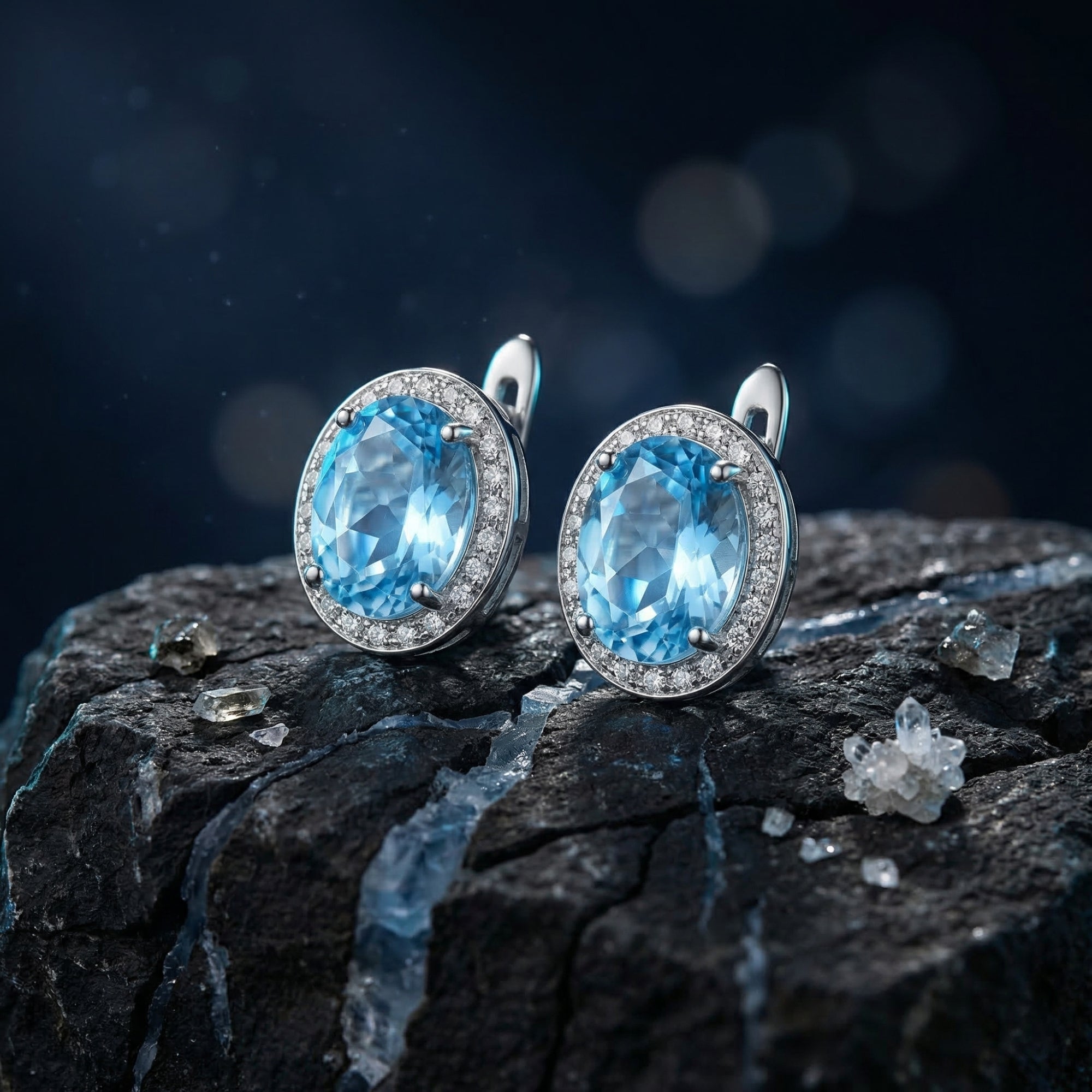 Oval blue topaz halo drop earrings in white gold displayed on a dark textured rock with bokeh lighting.