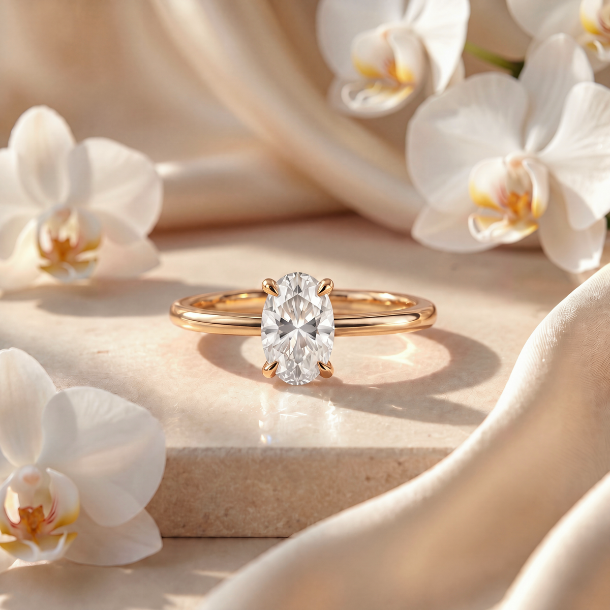 An oval moissanite solitaire engagement ring in yellow gold displayed on a stone pedestal with white orchids.
