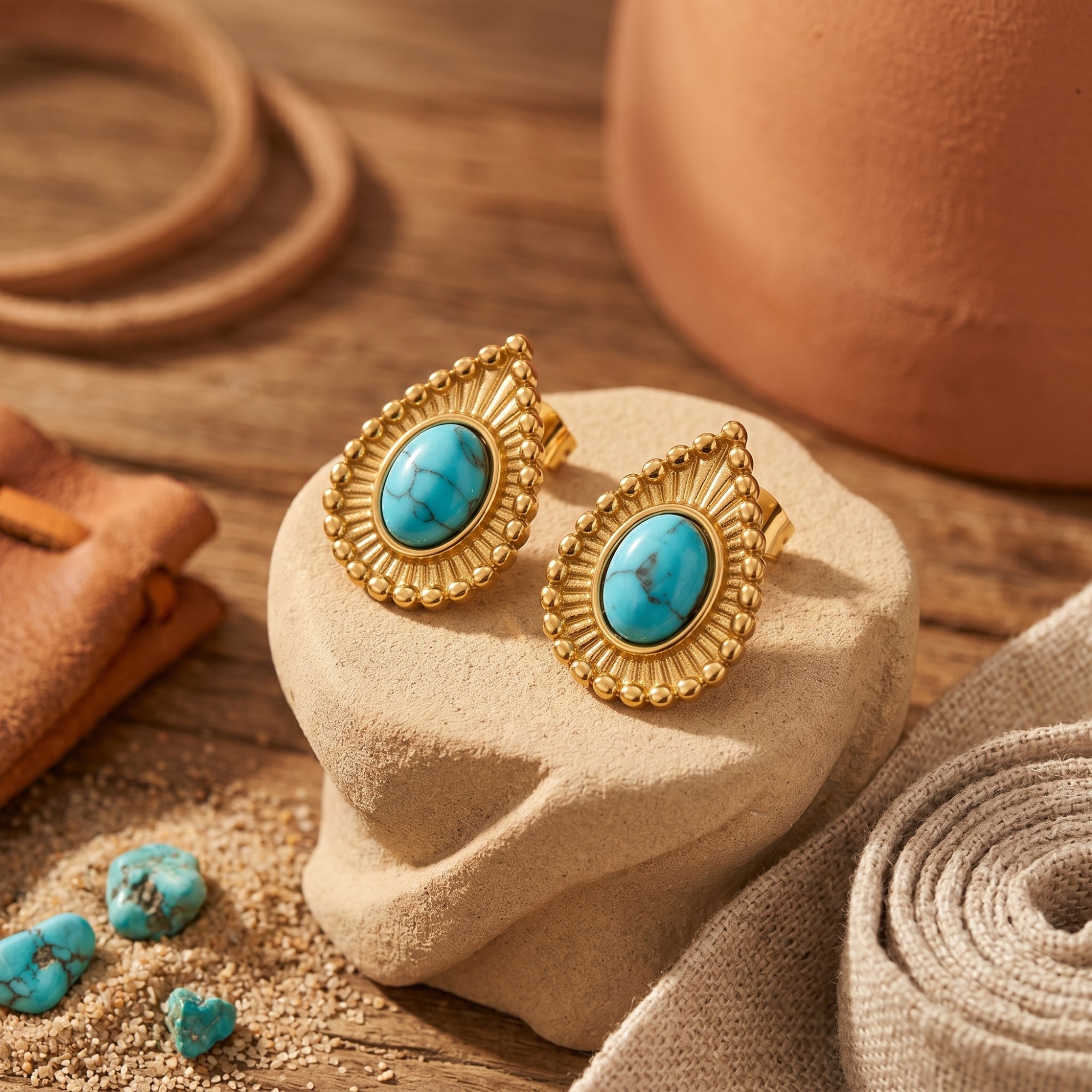 Turquoise oval cabochon earrings with 18K gold beaded borders displayed on a desert-themed stone pedestal.