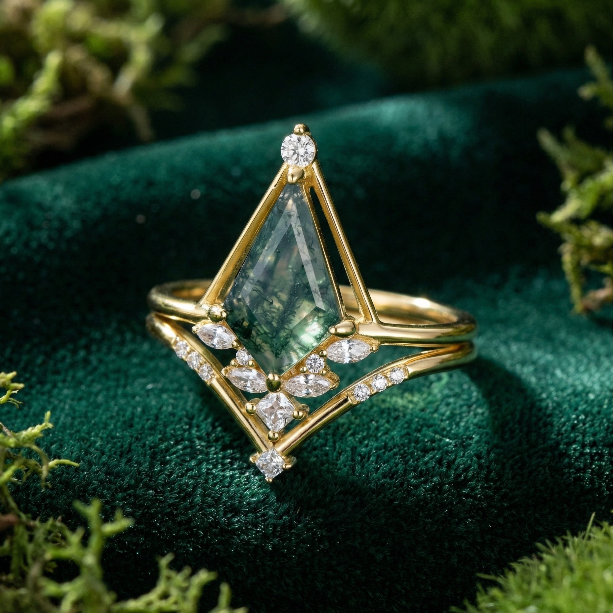 Triangular Moss Agate Diamond Accent Pyramid Ring Set - S925 Sterling Silver
