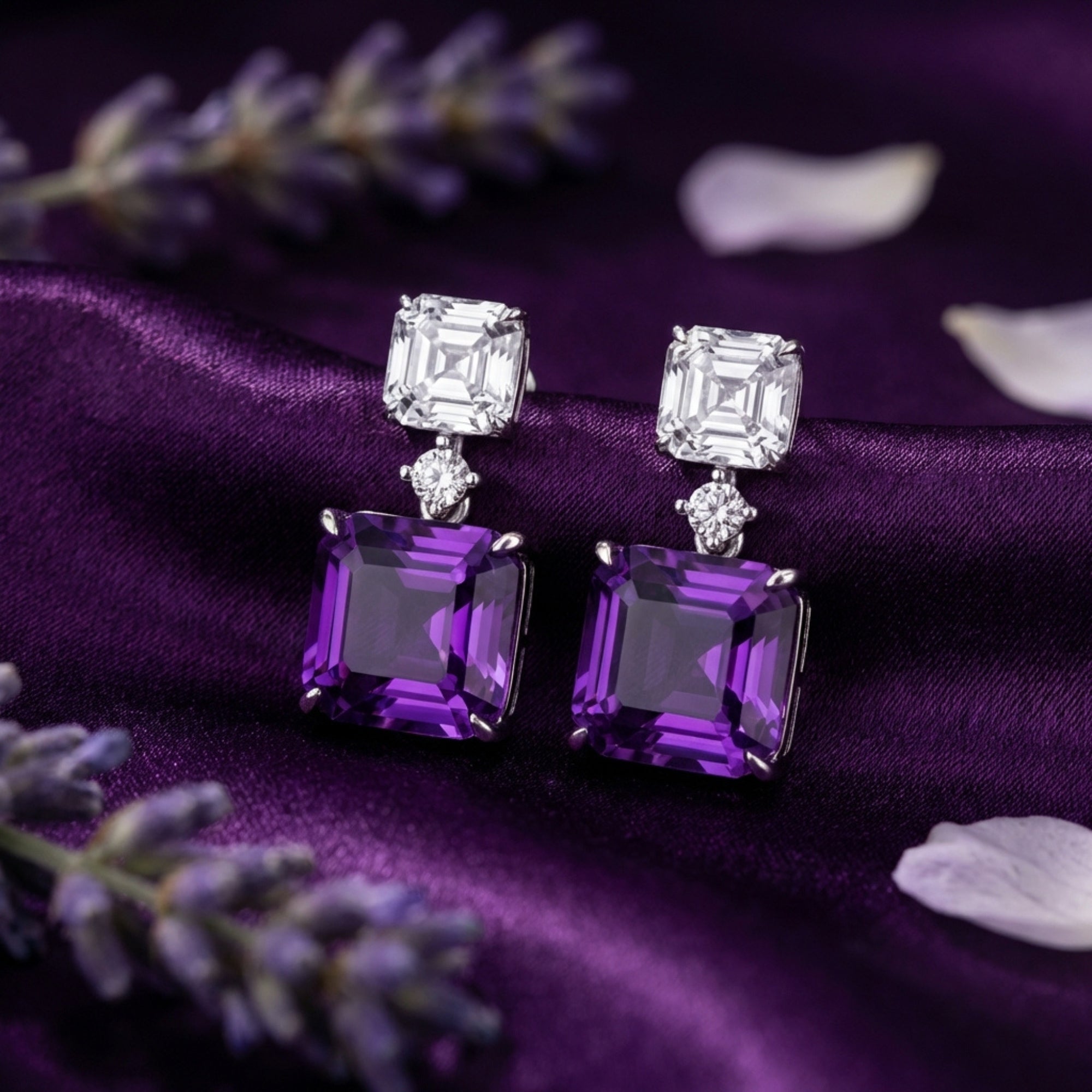 Square cut natural amethyst drop earrings in S925 sterling silver on purple silk with lavender sprigs.
