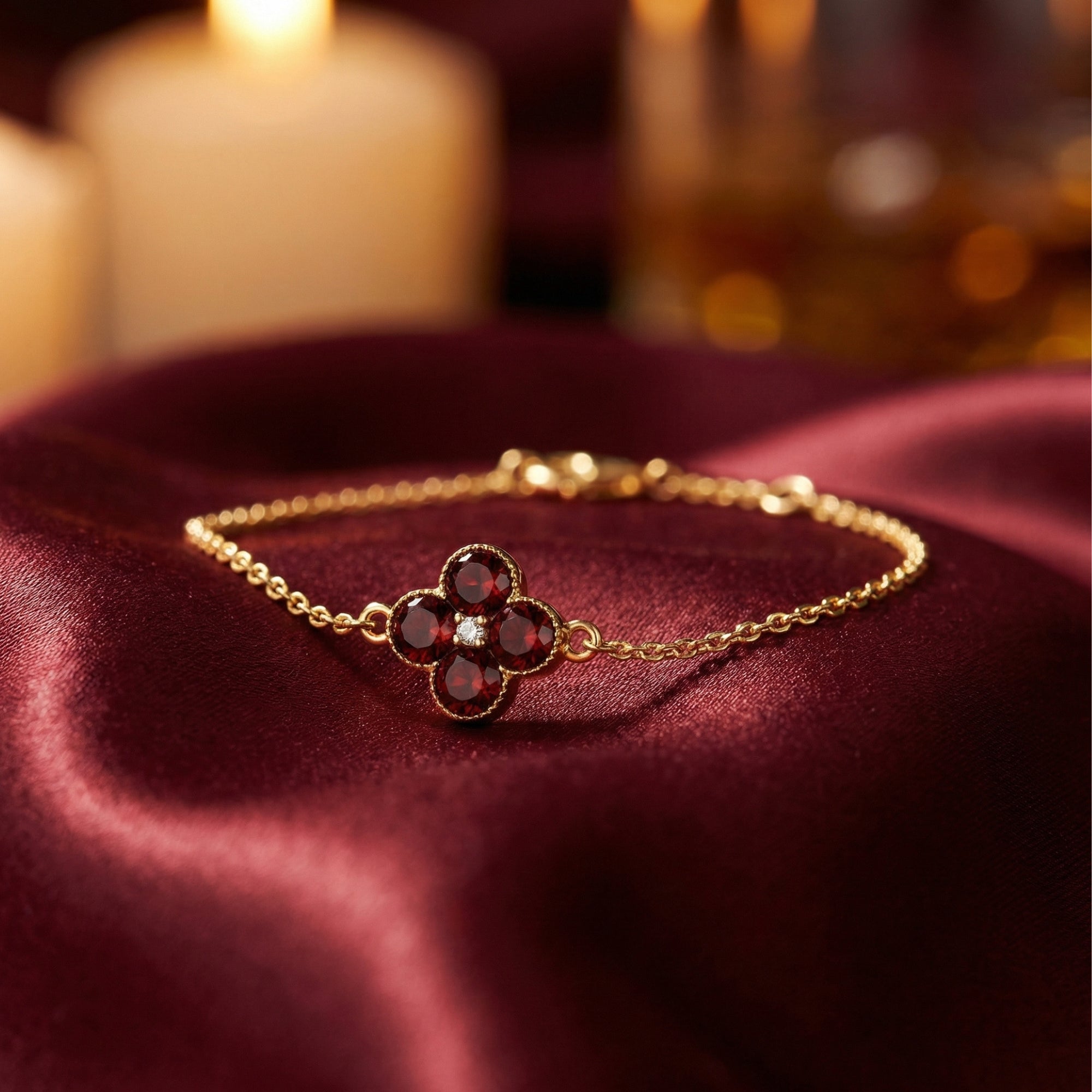 18K yellow gold station bracelet with round-cut garnets displayed on red silk with blurred candles.
