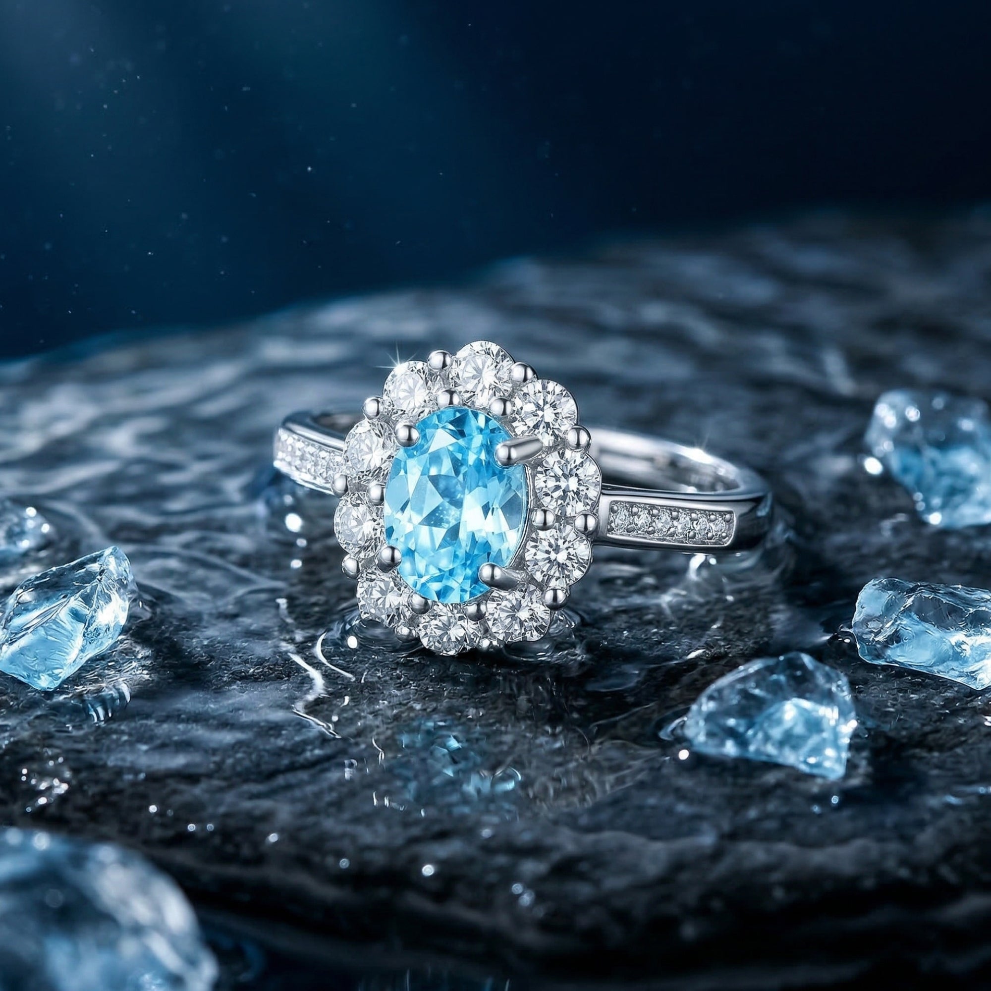 Oval cut aquamarine halo ring in silver on a dark wet stone background with blue crystal accents.