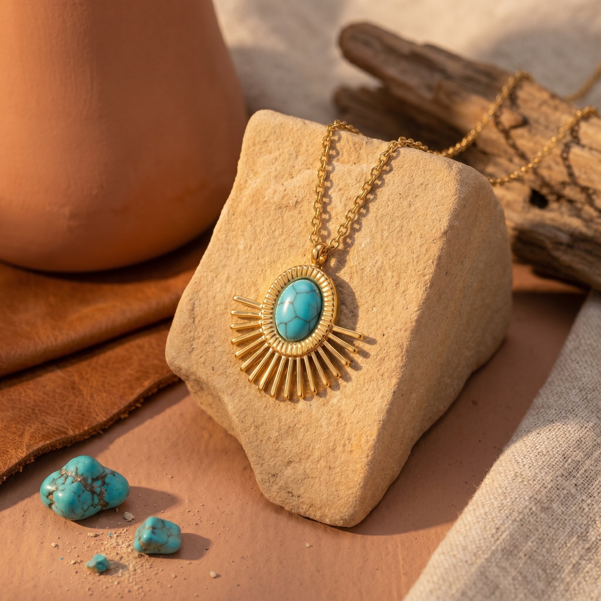 Gold sunburst pendant necklace with an oval turquoise stone displayed on a desert rock with rustic props.