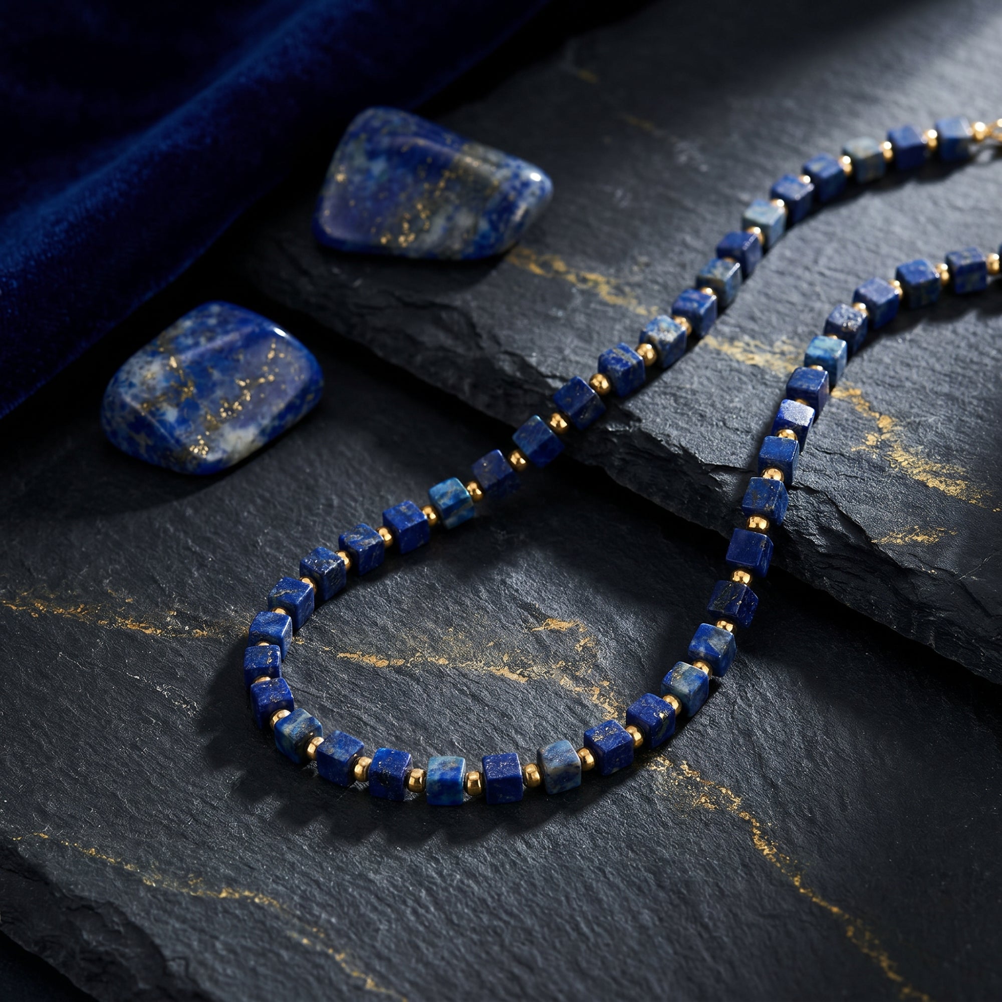 Sovereign Square natural lapis lazuli beaded necklace with gold-plated stainless steel on a stone background.