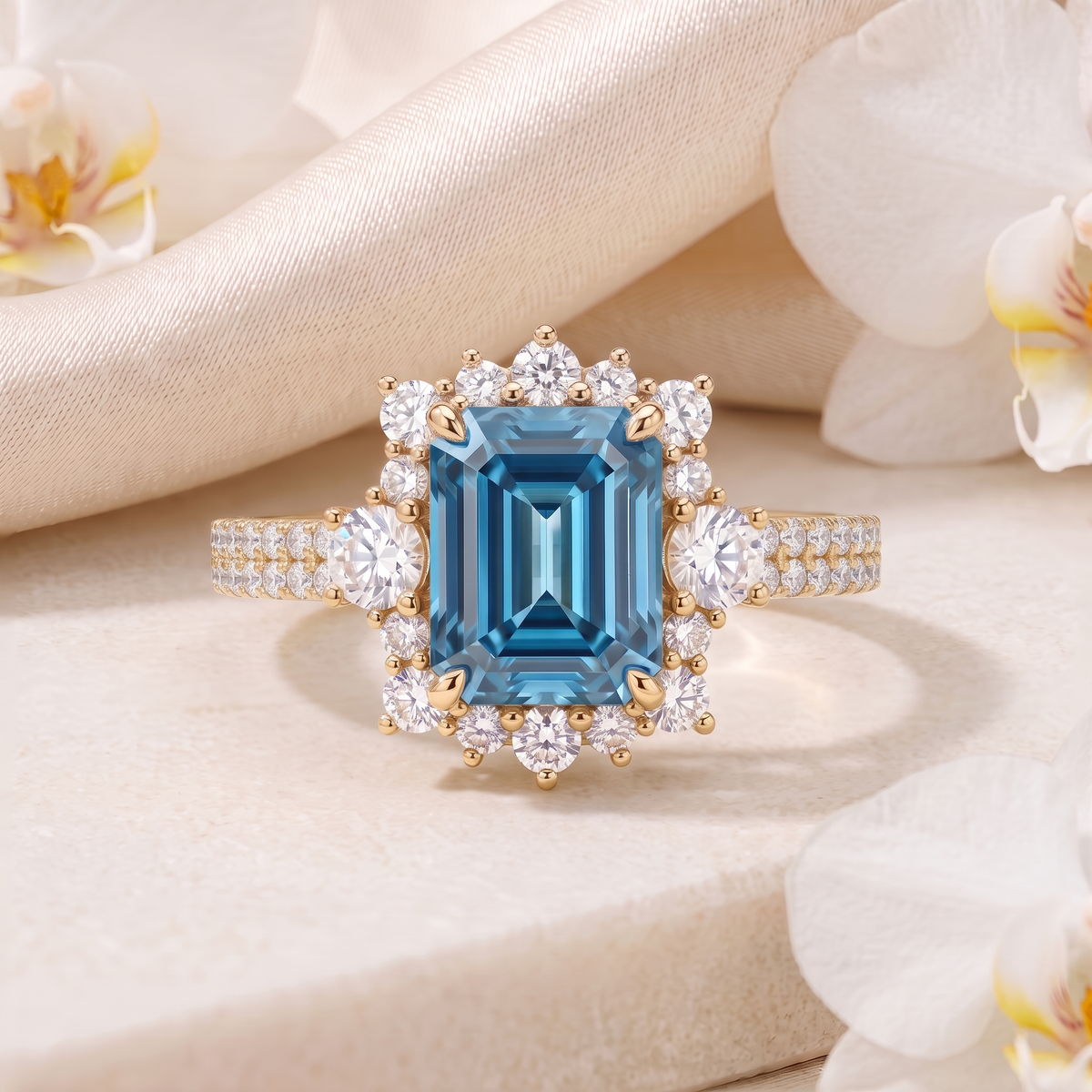 Emerald-cut blue moissanite halo ring with double-row pavé band in yellow gold.