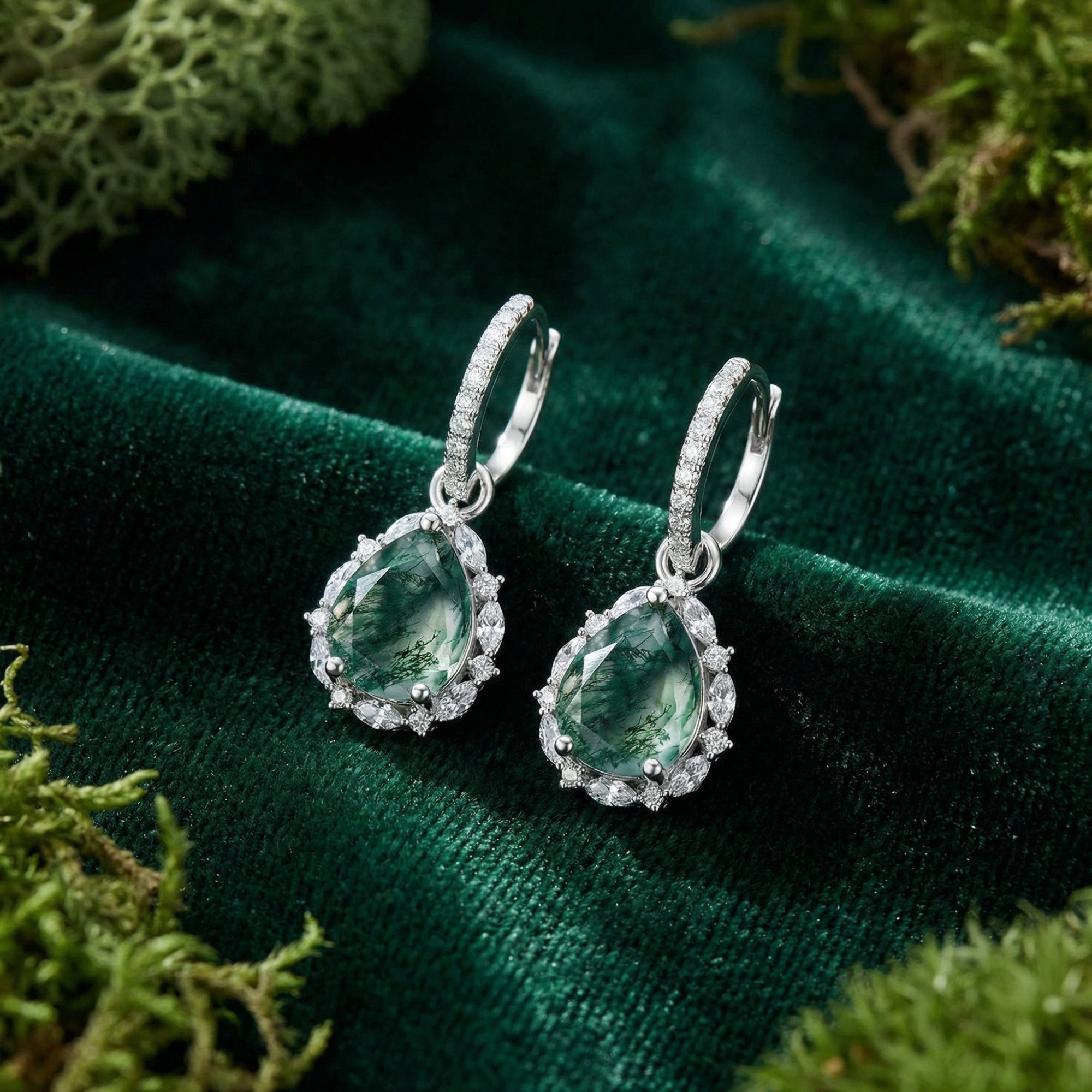 Teardrop Halo Natuurlijke Mosagaat Leverback Oorbellen - S925 Sterling Zilver