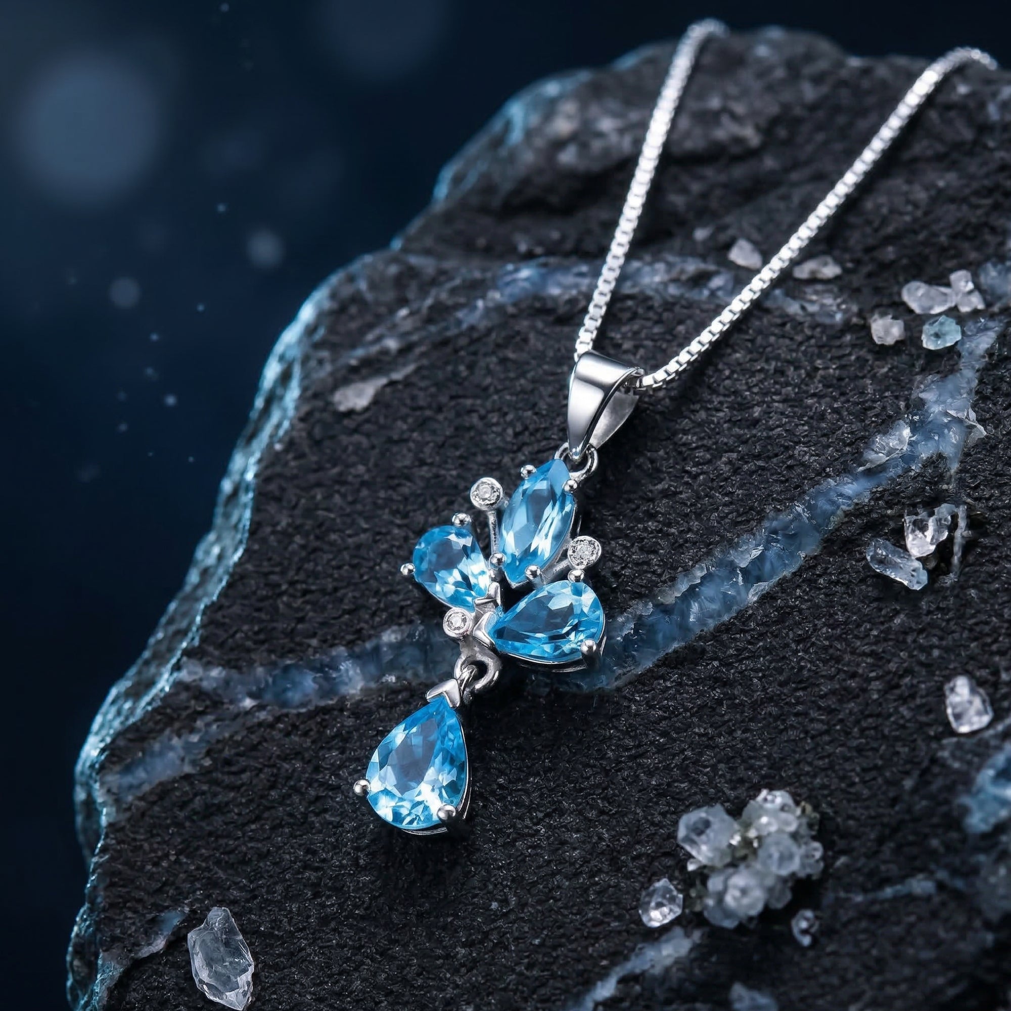 Silver Zephyrine necklace with pear and marquise cut Swiss blue topaz on a dark textured rock.