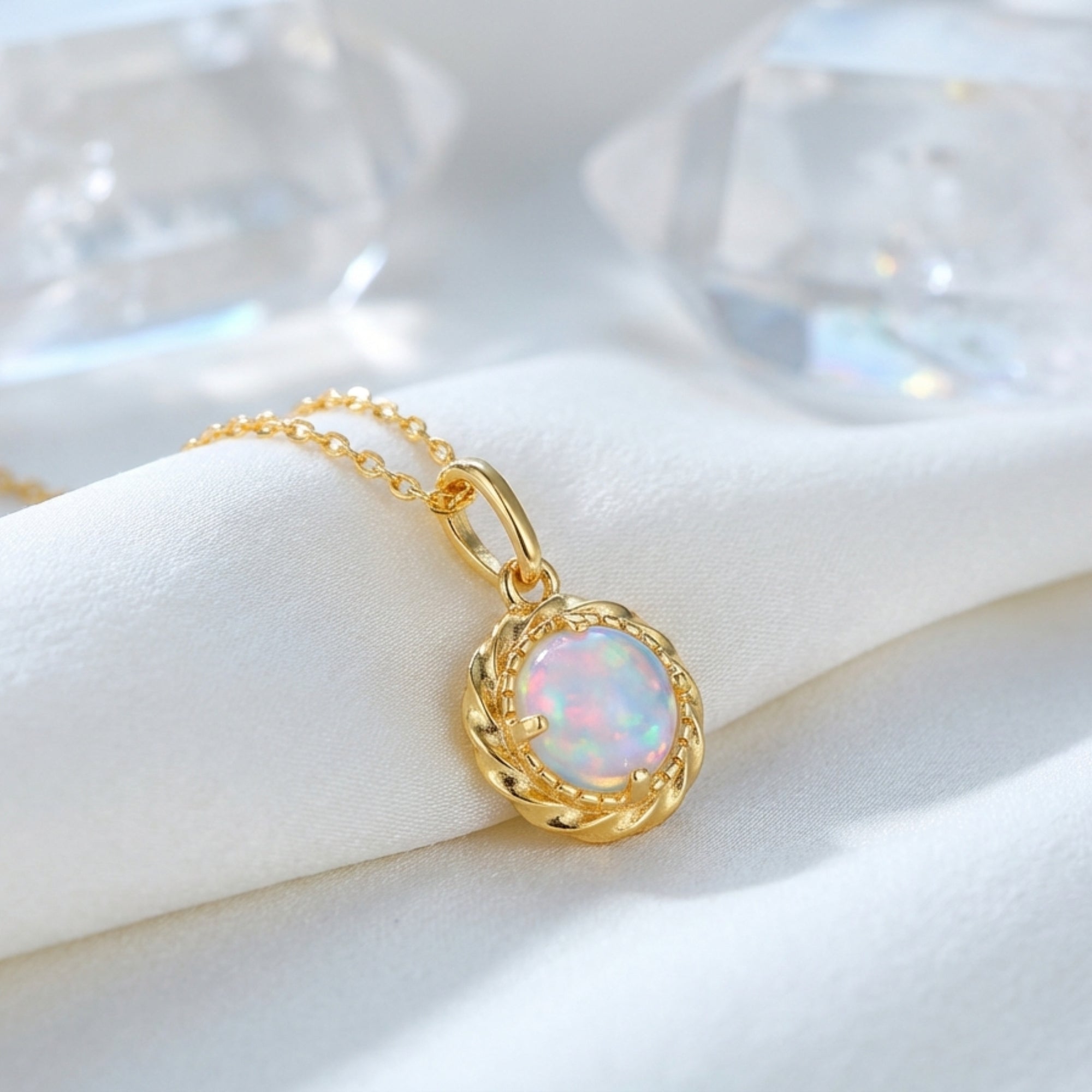 Gold-tone round natural opal pendant necklace with a twisted border on white silk fabric.