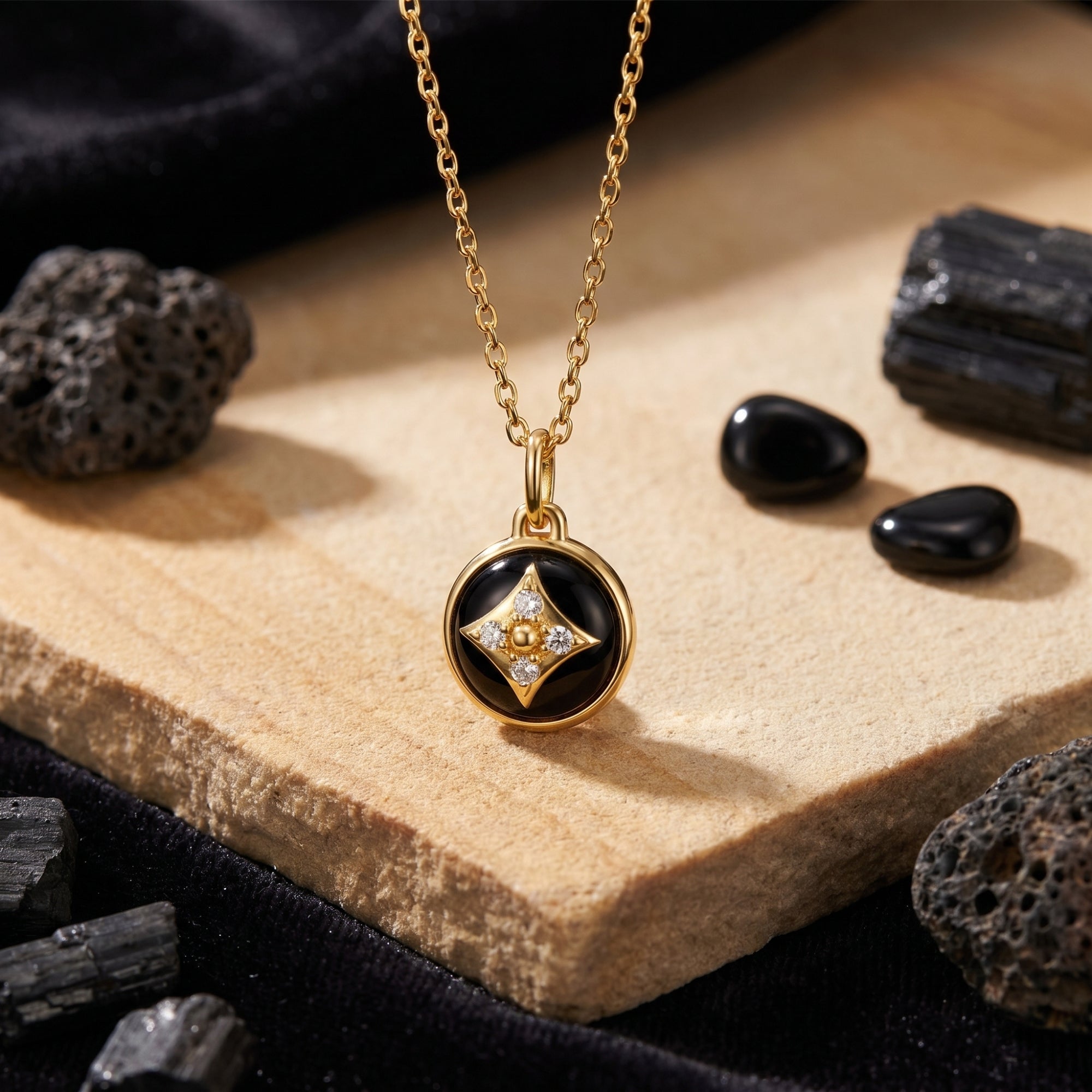 Gold plated round natural onyx pendant necklace with star detail styled on a stone slab with black rocks.