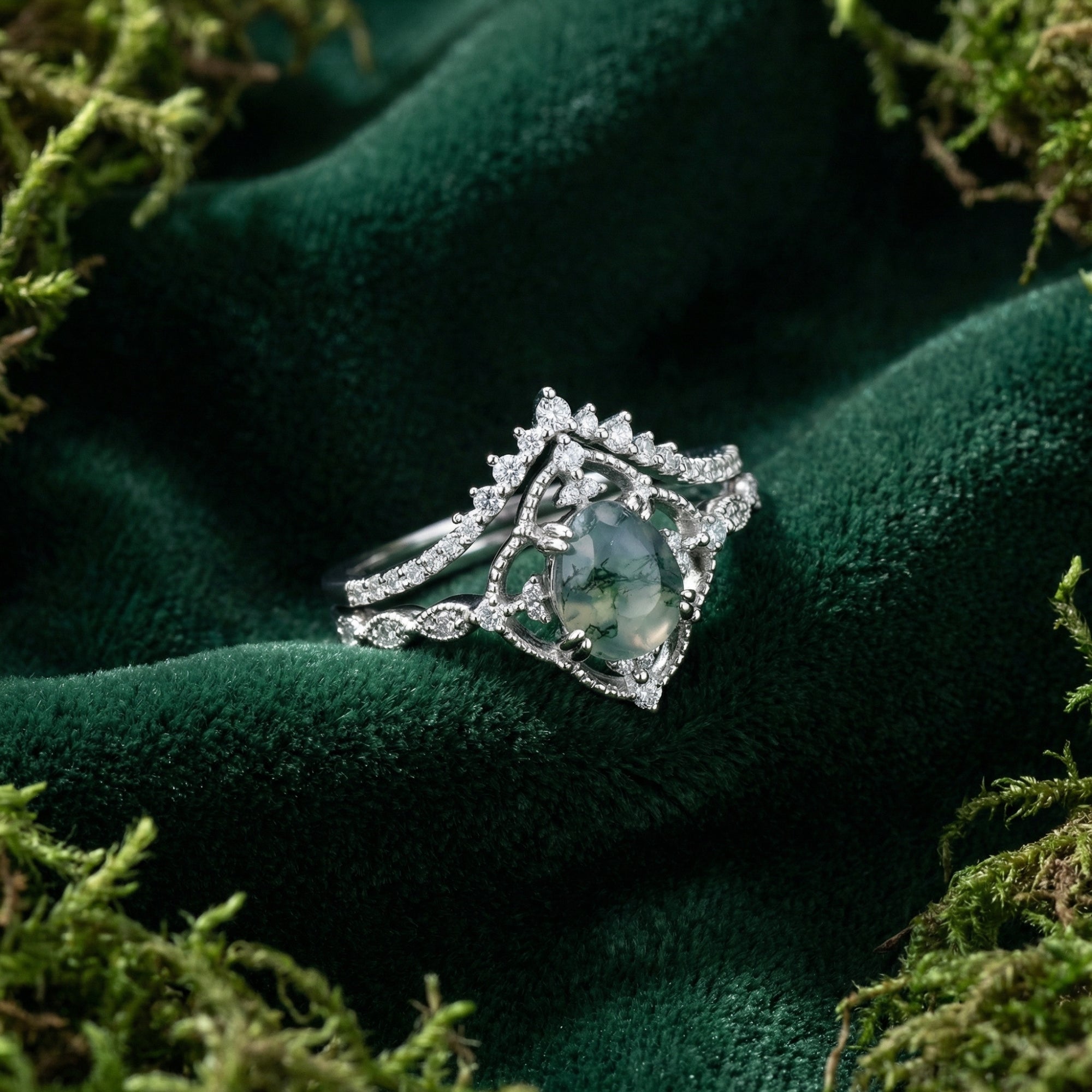 Diamond Encrusted Oval Cut Natural Agate Ring Set - S925 Sterling Silver