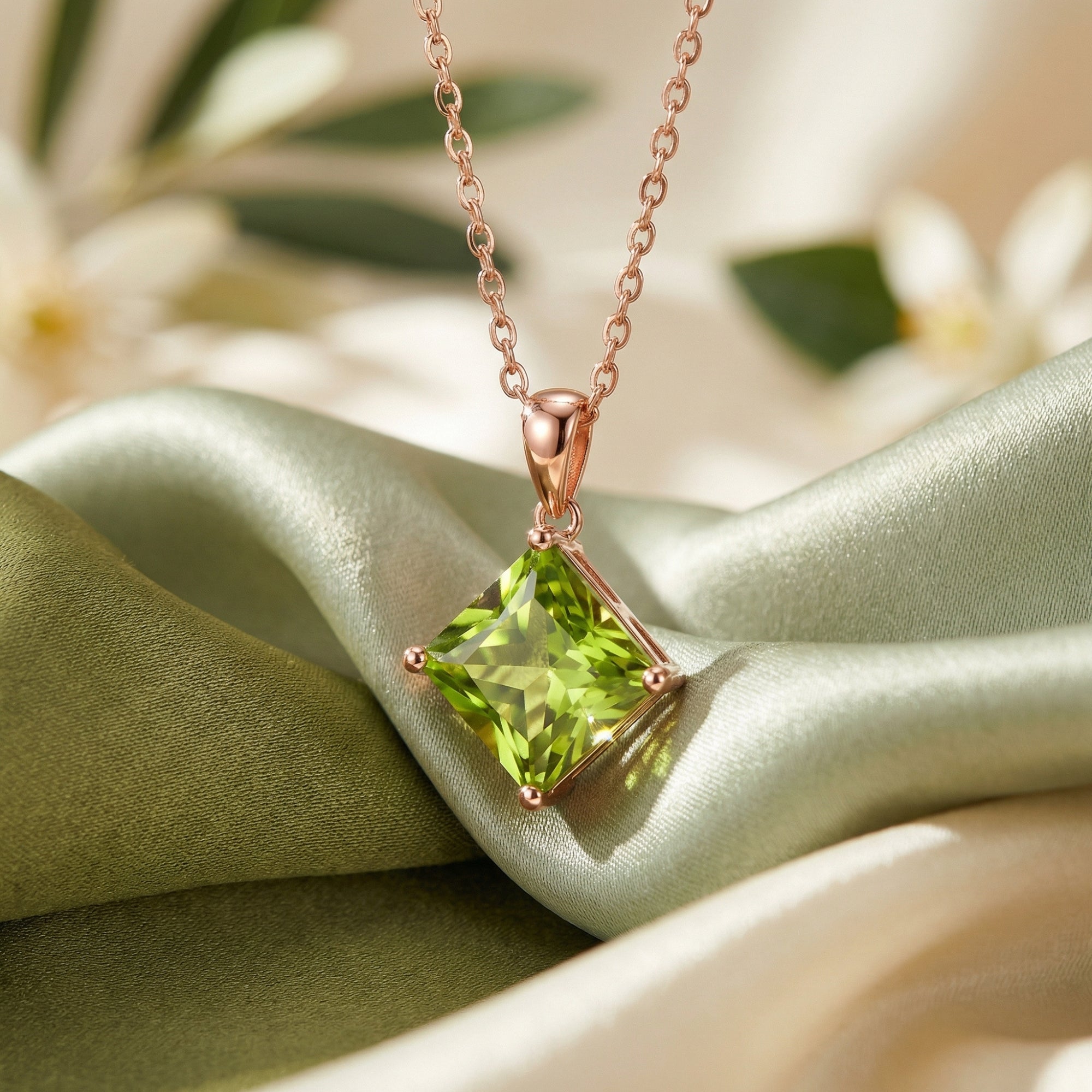 Princess cut natural peridot pendant in 18K rose gold vermeil resting on elegant green silk fabric.