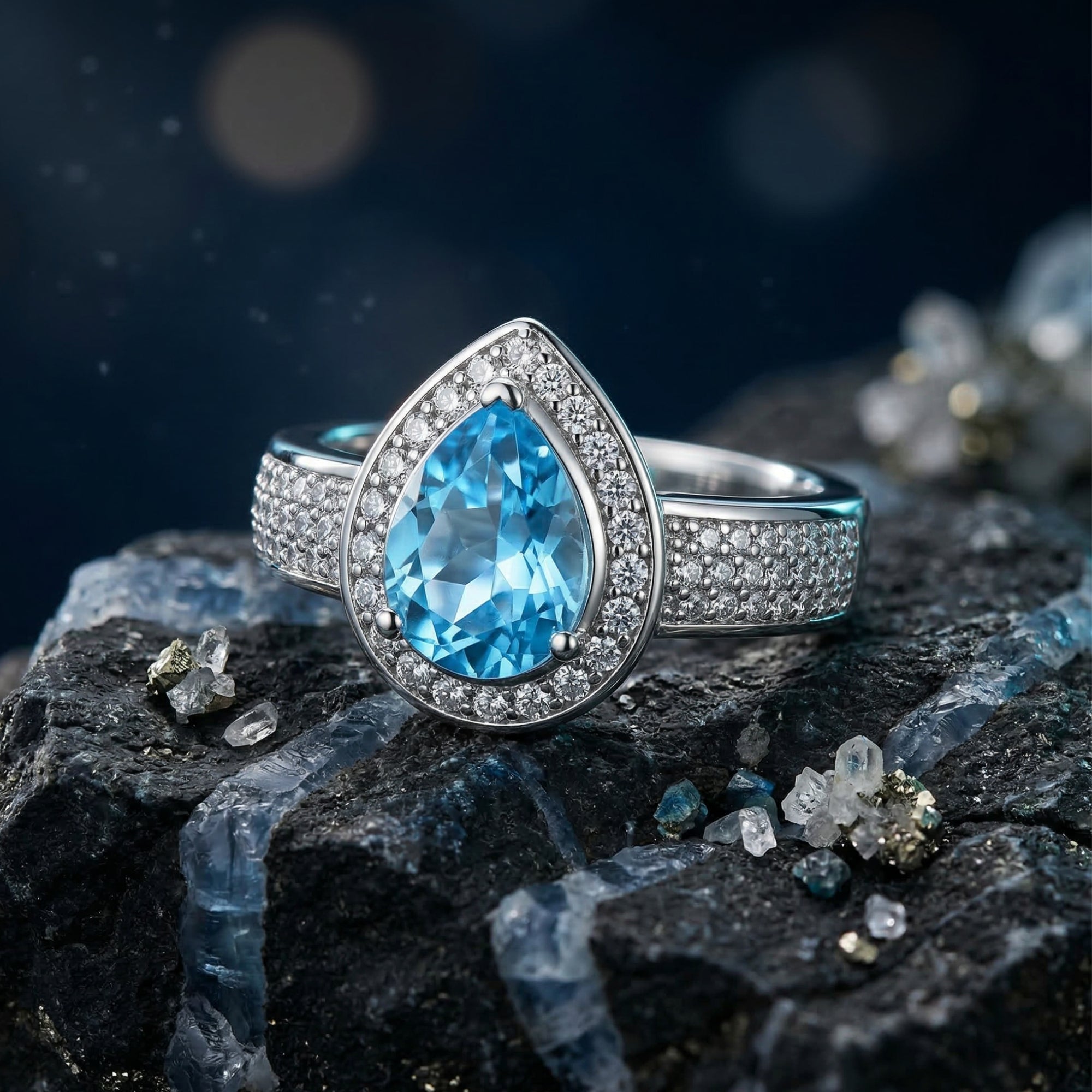 Pear cut Swiss blue topaz ring in sterling silver with a halo setting, displayed on a dark mineral rock.