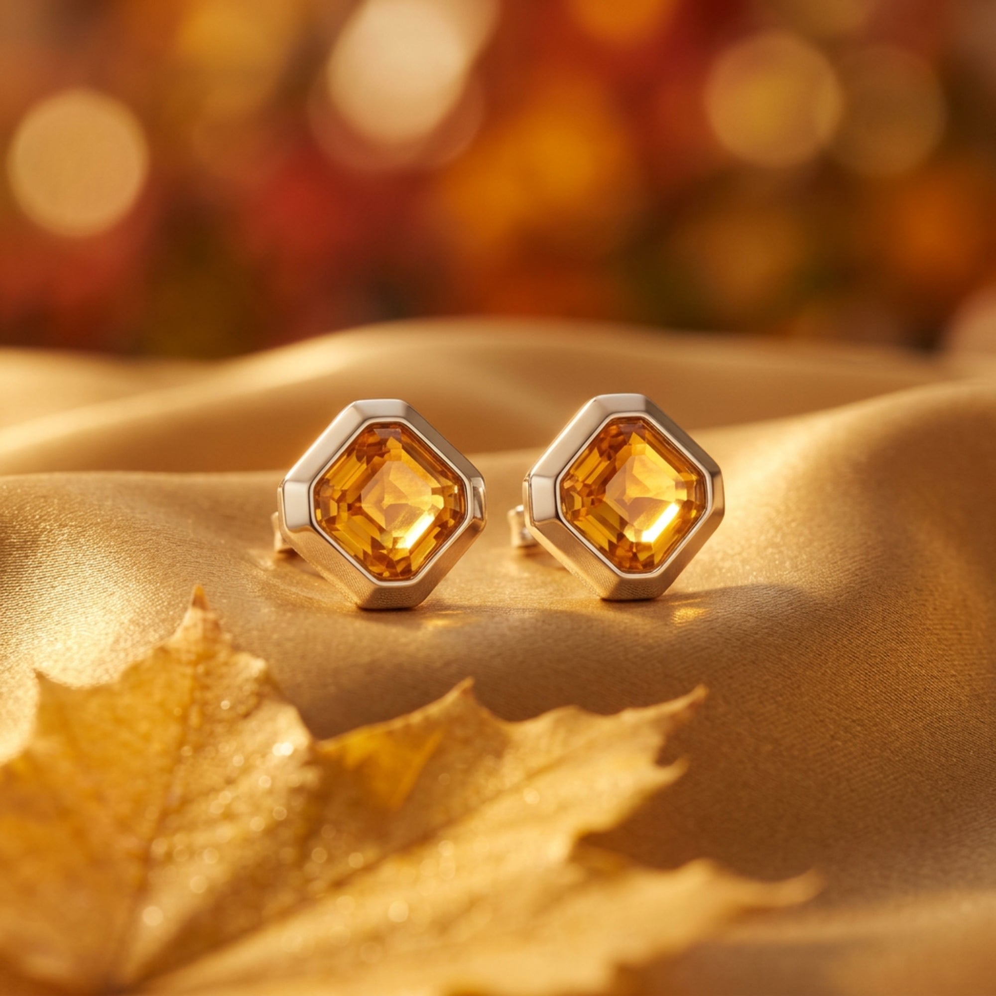 Leonie natural citrine stud earrings in white gold with Ascher cut stones on gold fabric with autumn leaves.