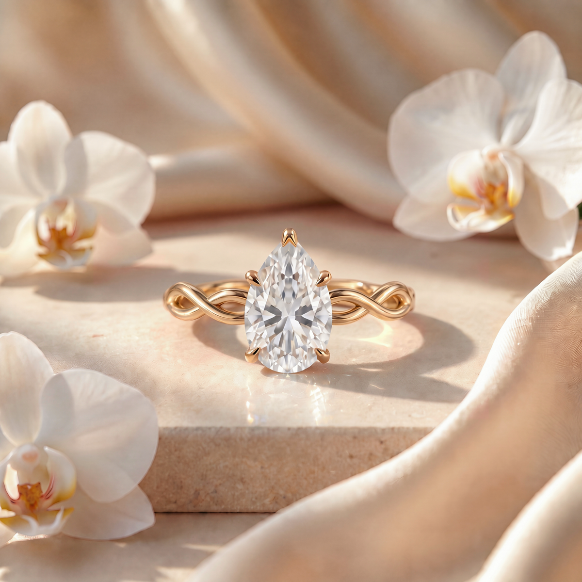 Pear-cut moissanite solitaire ring in yellow gold featuring a twisted infinity band.