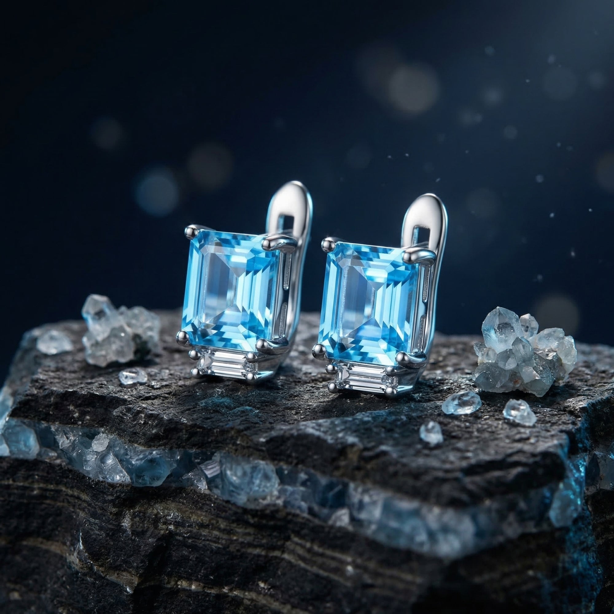 Emerald cut Swiss blue topaz earrings in silver, styled on a dark mineral rock with crystal accents.