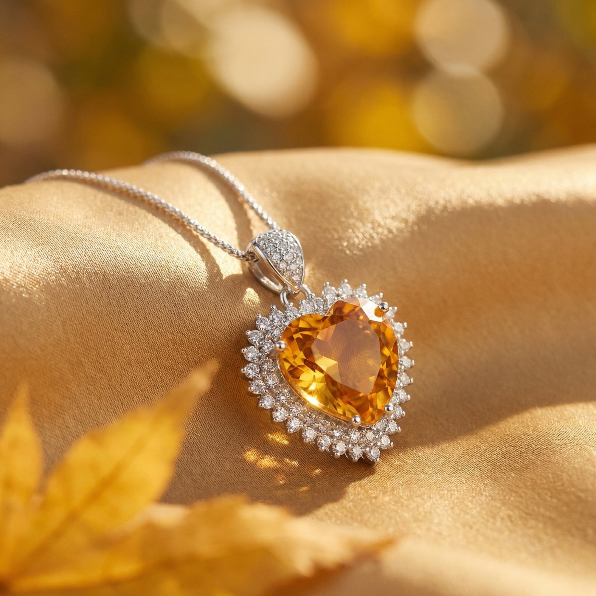 Heart cut citrine necklace in silver with a diamond halo, styled on golden fabric with an autumn leaf.