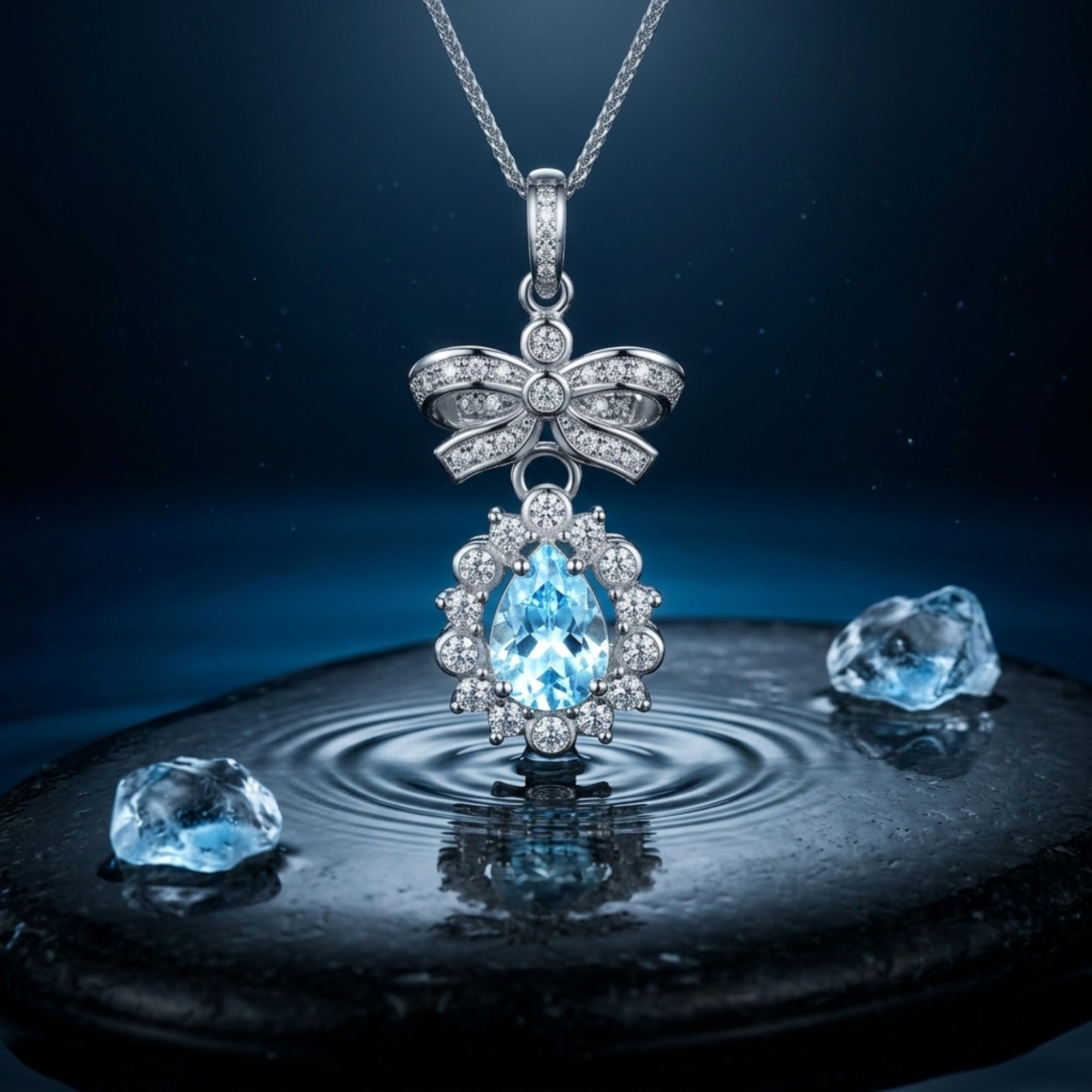 Pear cut aquamarine necklace in silver with a bow motif, styled over water ripples and raw blue crystals.