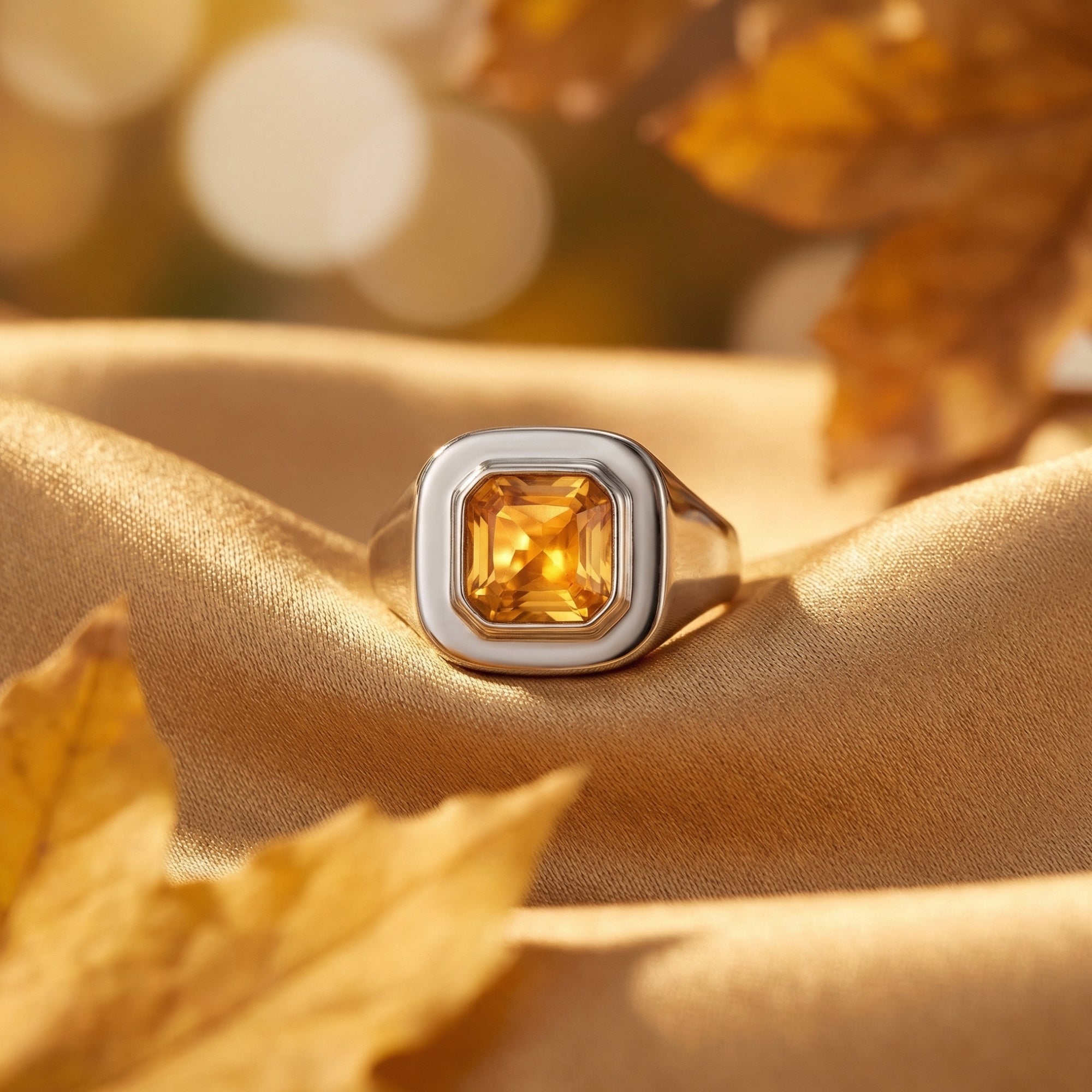 Asscher-cut natural citrine ring in sterling silver on golden fabric with autumn leaves in a lifestyle setting.