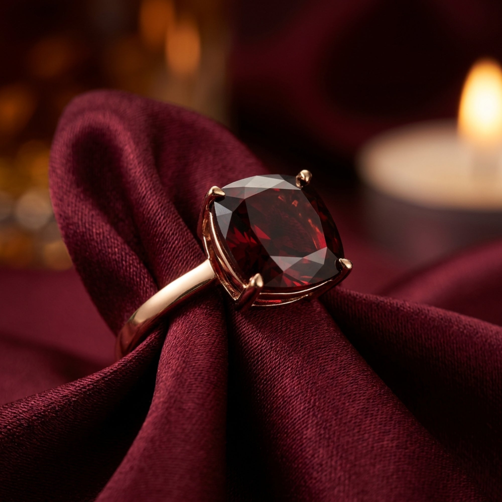 Macro view of the 4.5CT cushion cut garnet in an 18K rose gold setting on burgundy fabric.