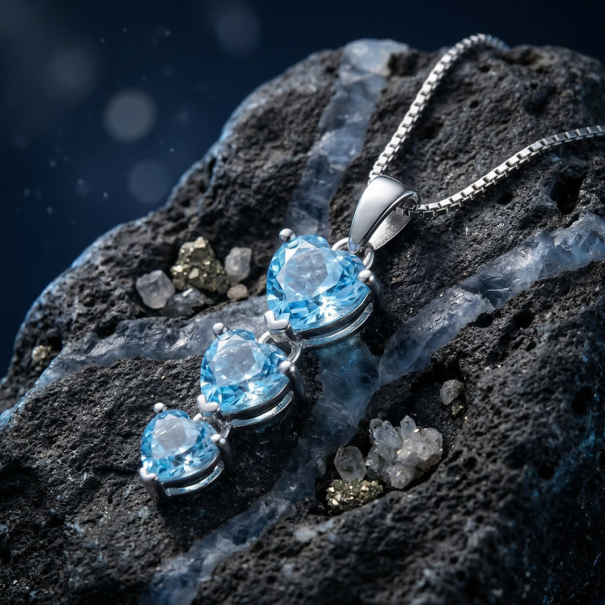 Silver heart cut blue topaz trio pendant necklace resting on a dark volcanic rock.