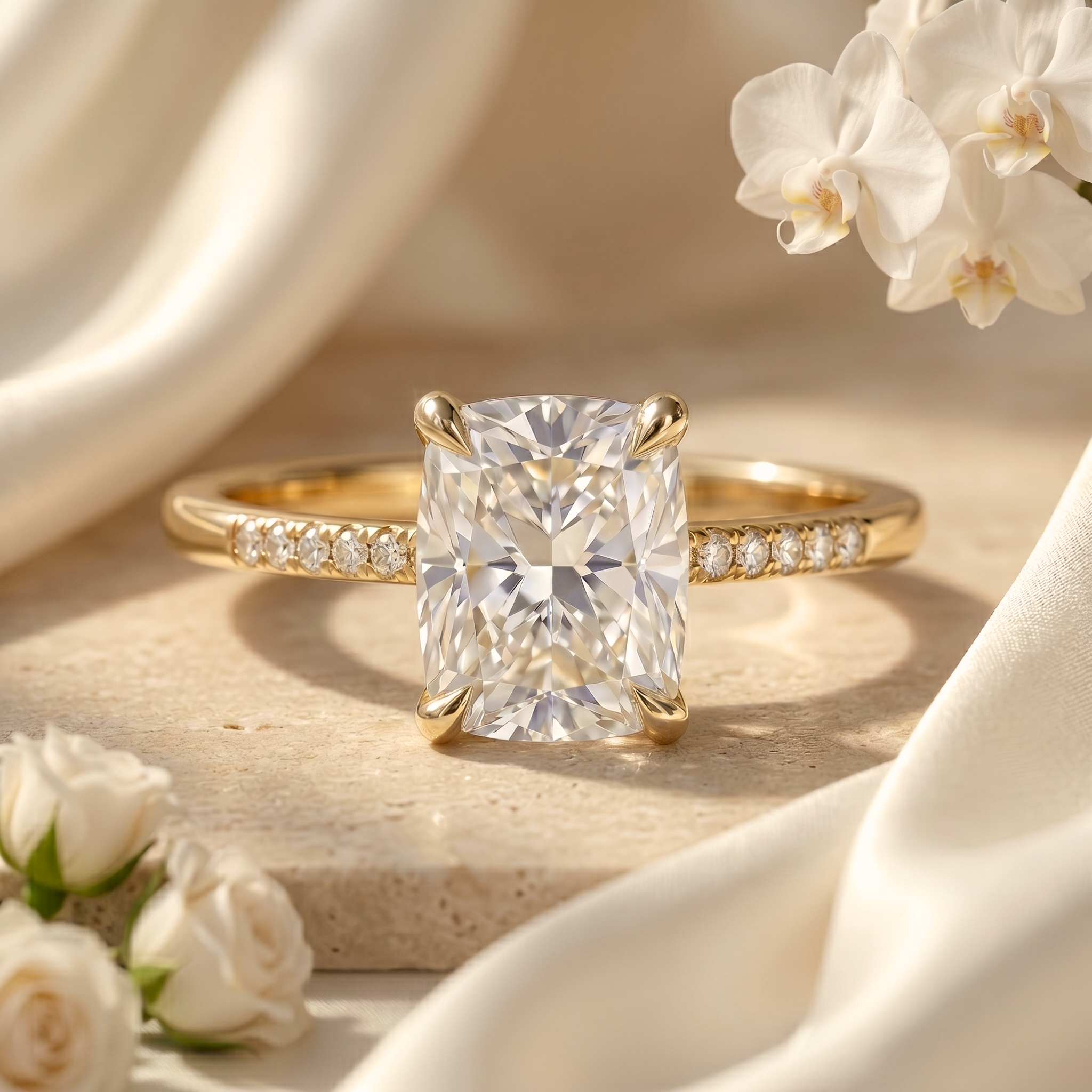 A cushion cut moissanite engagement ring on a yellow gold band with diamond accents, showcased on a light stone surface.