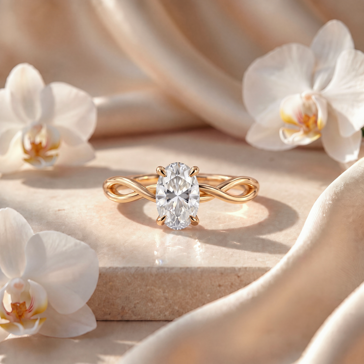 An oval-cut moissanite engagement ring in yellow gold featuring a delicate twisted infinity shank.