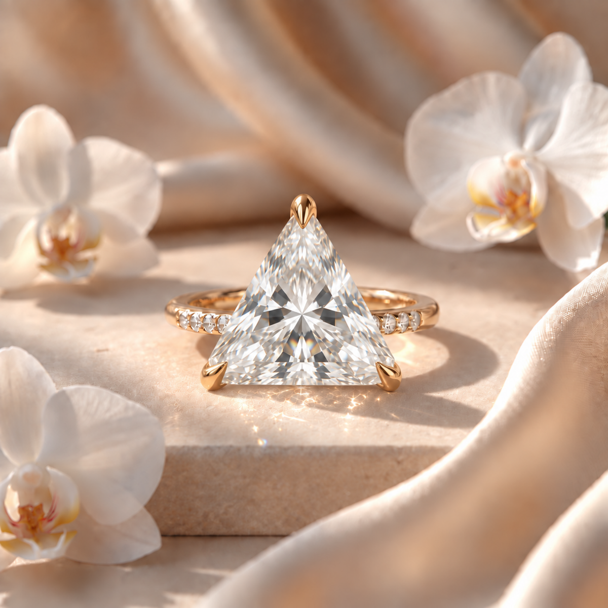 Front view of a yellow gold trillion-cut moissanite engagement ring with a pave band.