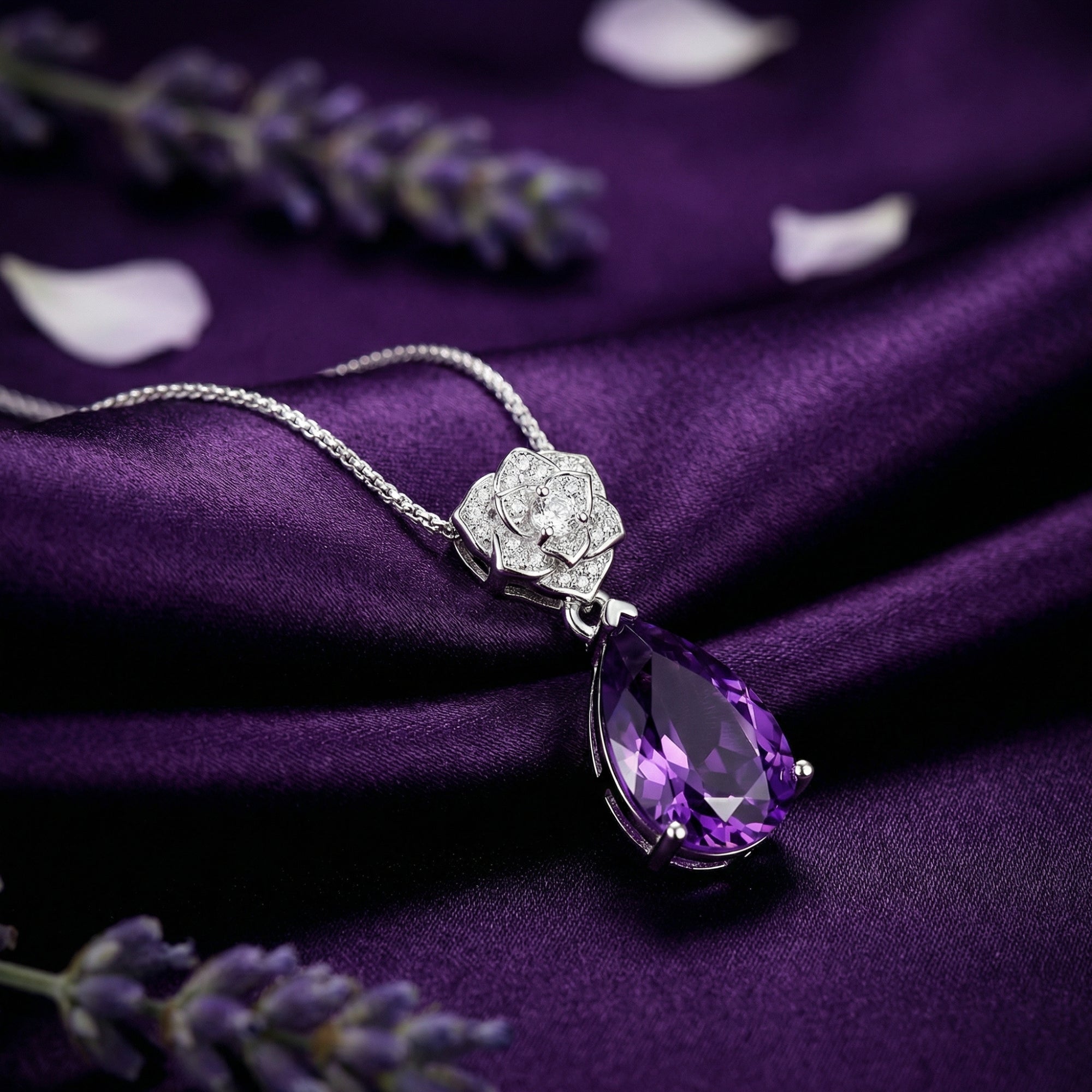 Close-up of a 7ct pear-cut natural amethyst pendant with a rose-shaped silver bail on purple silk.