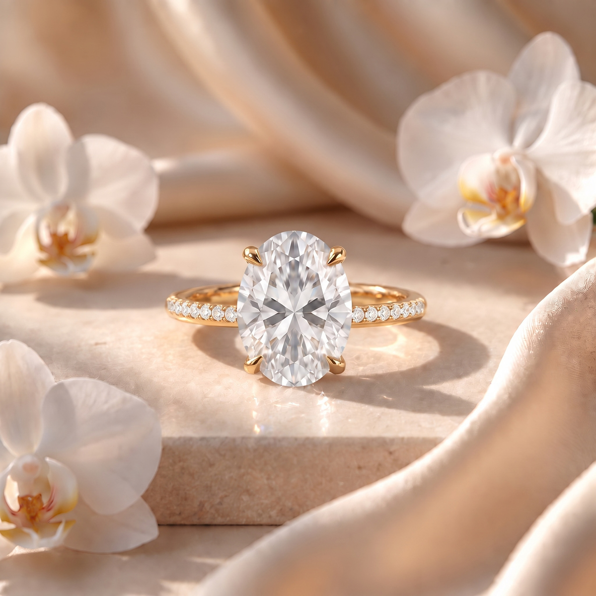Front view of an oval moissanite engagement ring with a pavé band set in yellow gold.