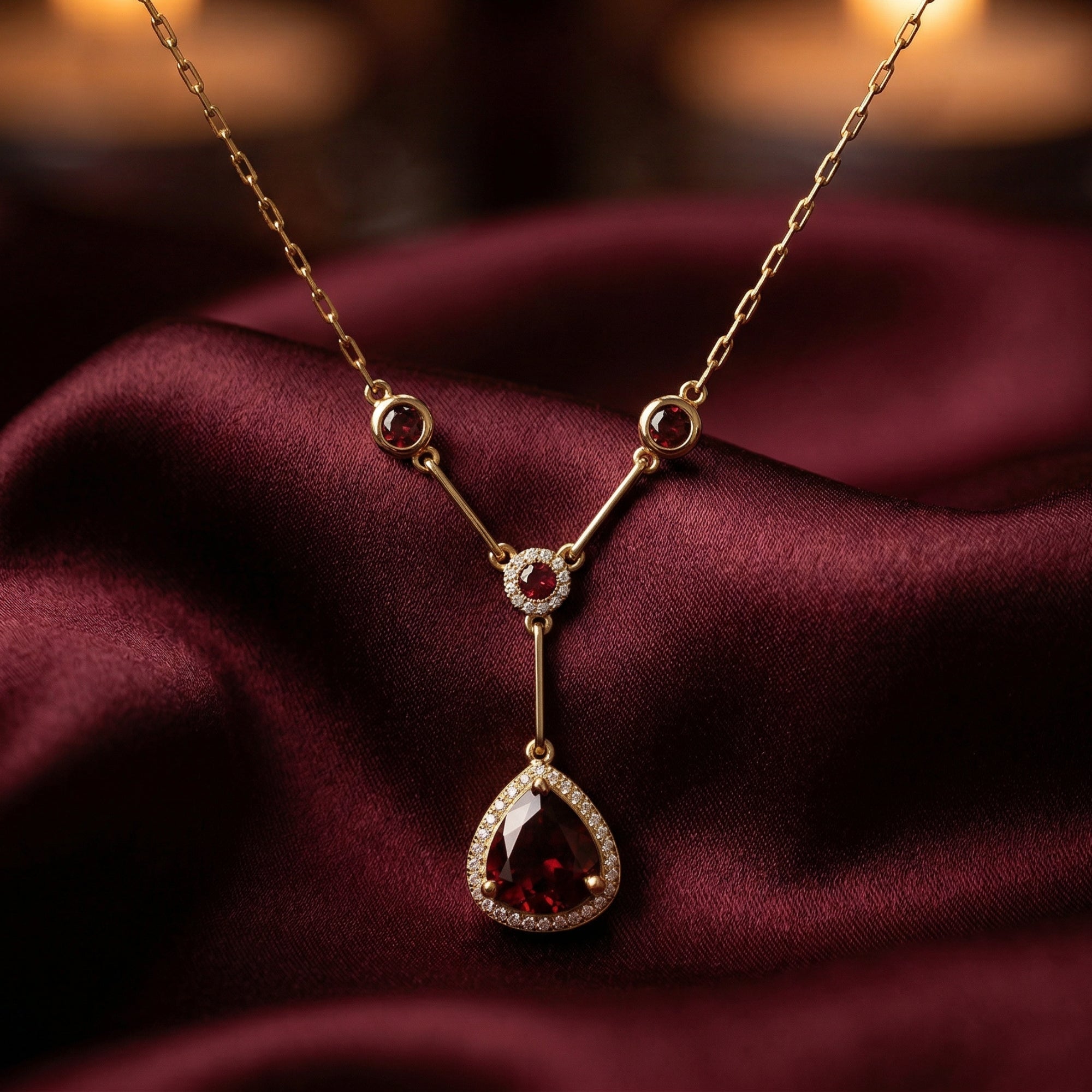 18K yellow gold pear cut garnet pendant necklace displayed on burgundy silk fabric.