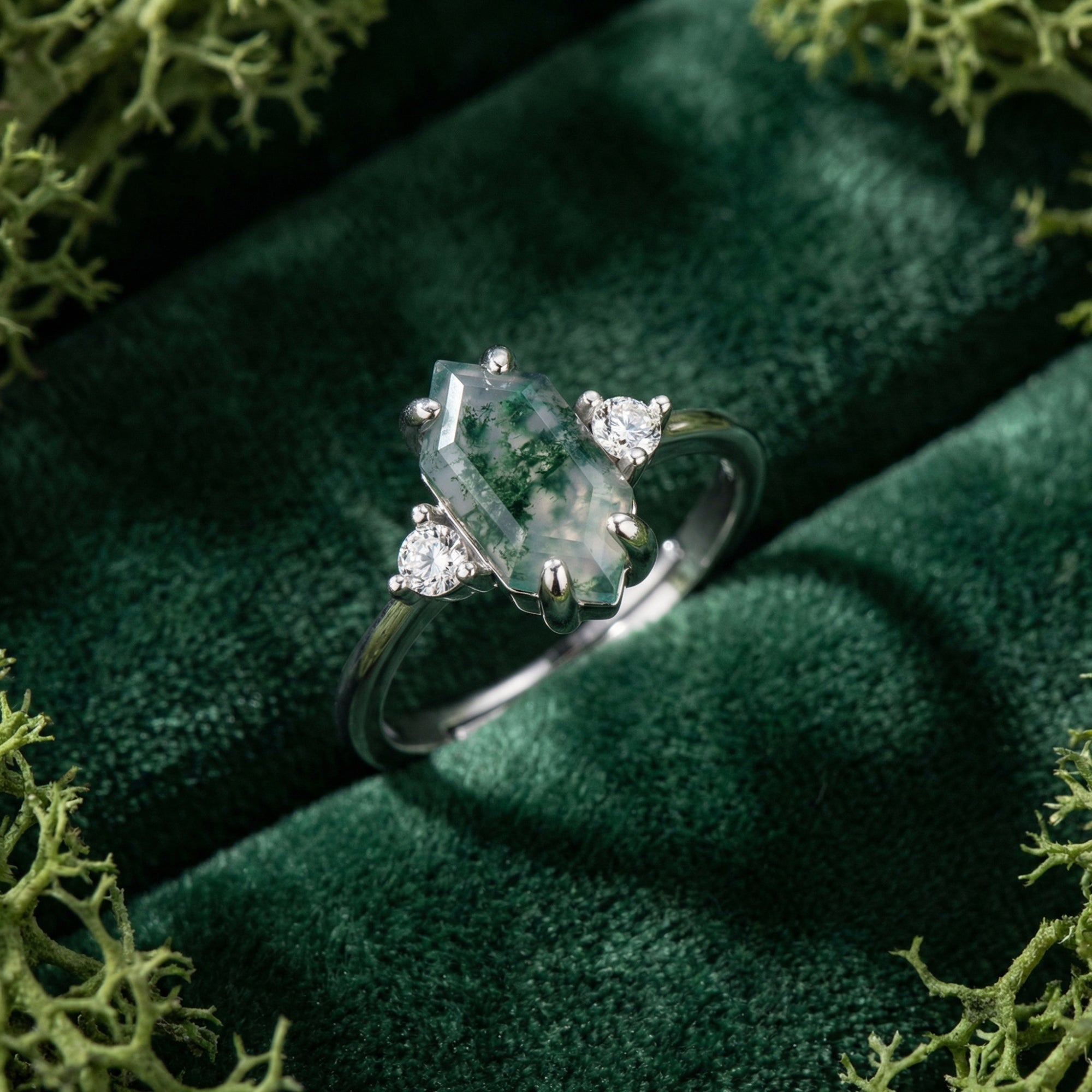 Gemstone Trio Elegance Natural Moss Agate Ring - S925 Sterling Silver