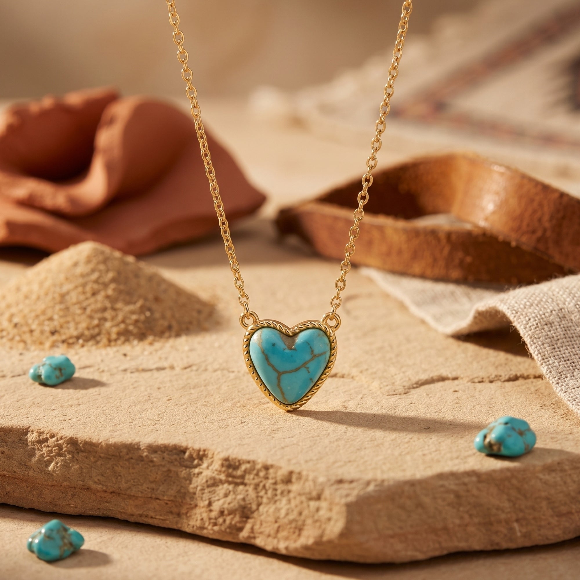 Gold heart necklace with a heart-cut turquoise cabochon on a desert-themed stone and sand background.