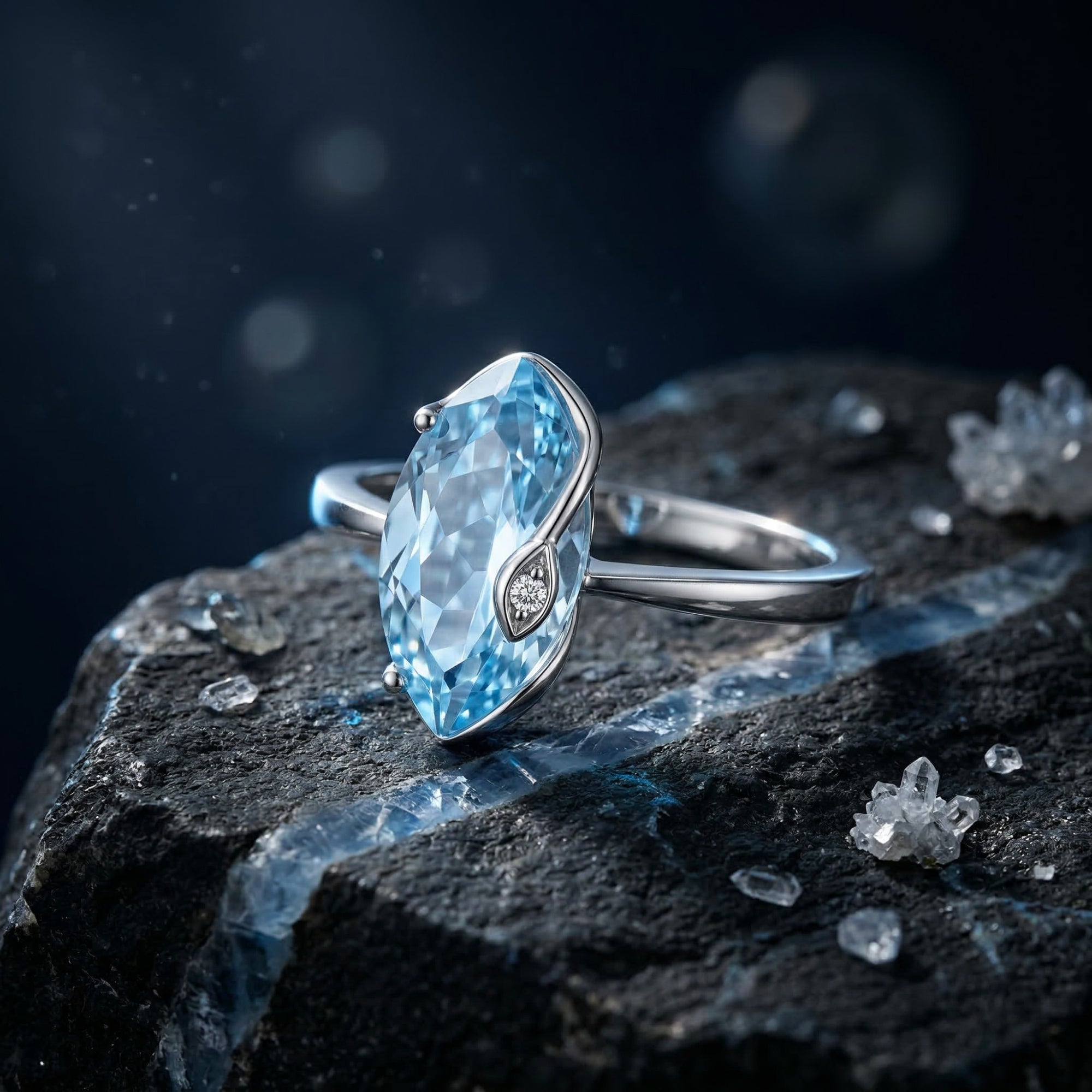 Marquise cut natural blue topaz ring in 925 sterling silver resting on a dark textured rock.