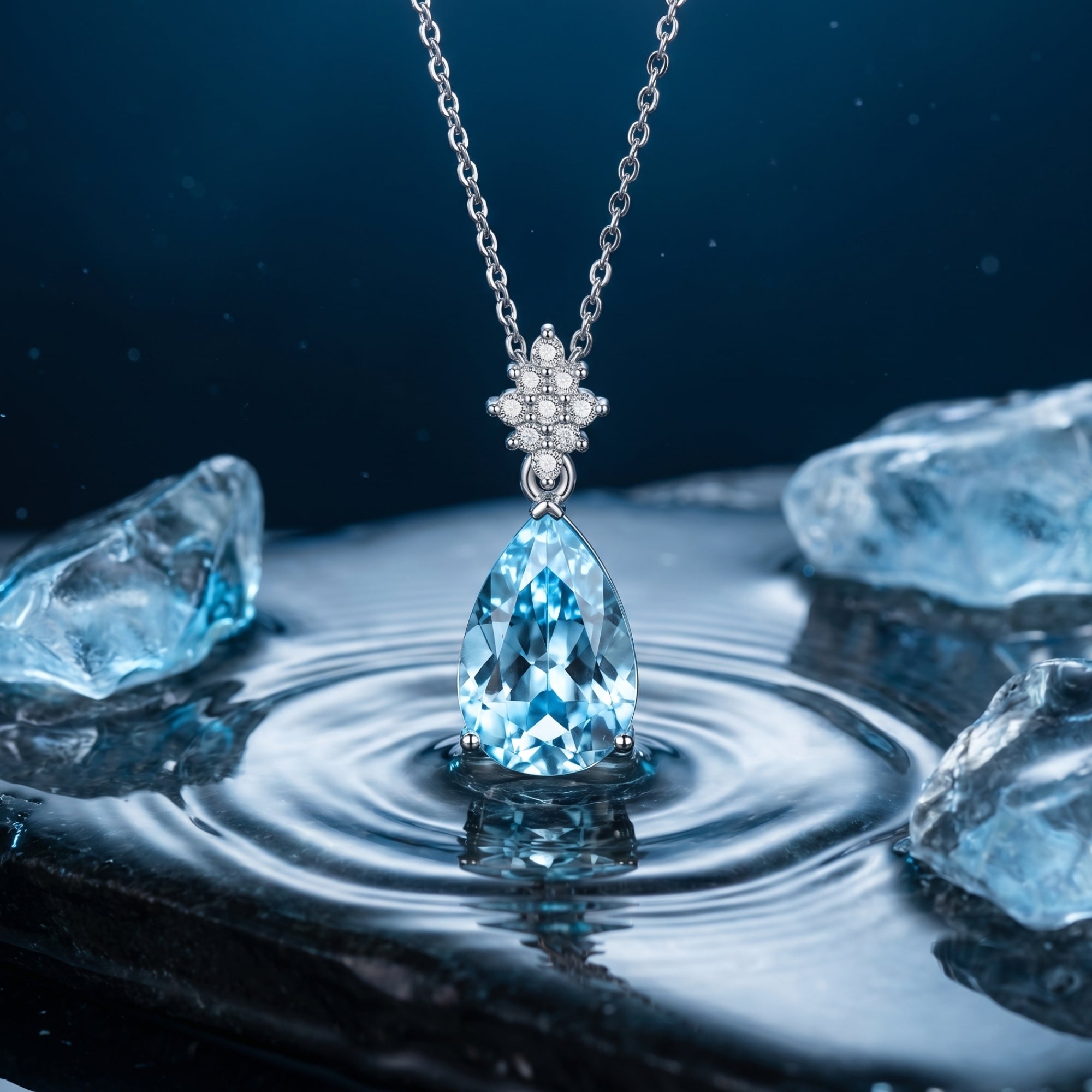Pear cut natural aquamarine pendant in Pt950 platinum styled over rippling water with ice crystals.