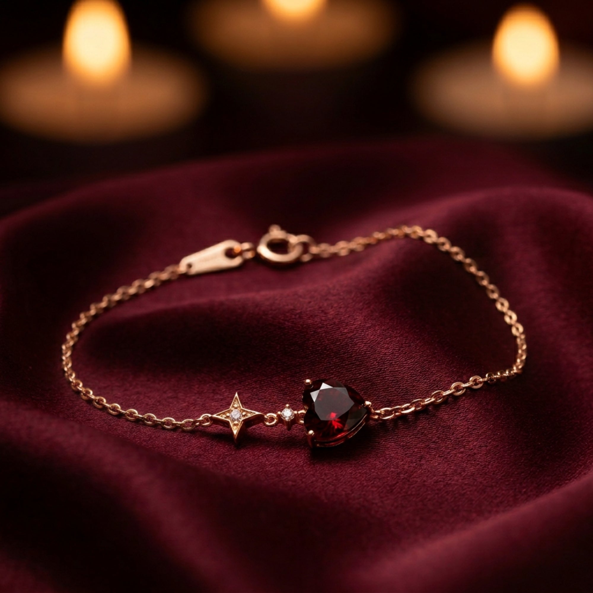 18K rose gold heart-cut garnet bracelet with a star charm displayed on burgundy silk fabric.