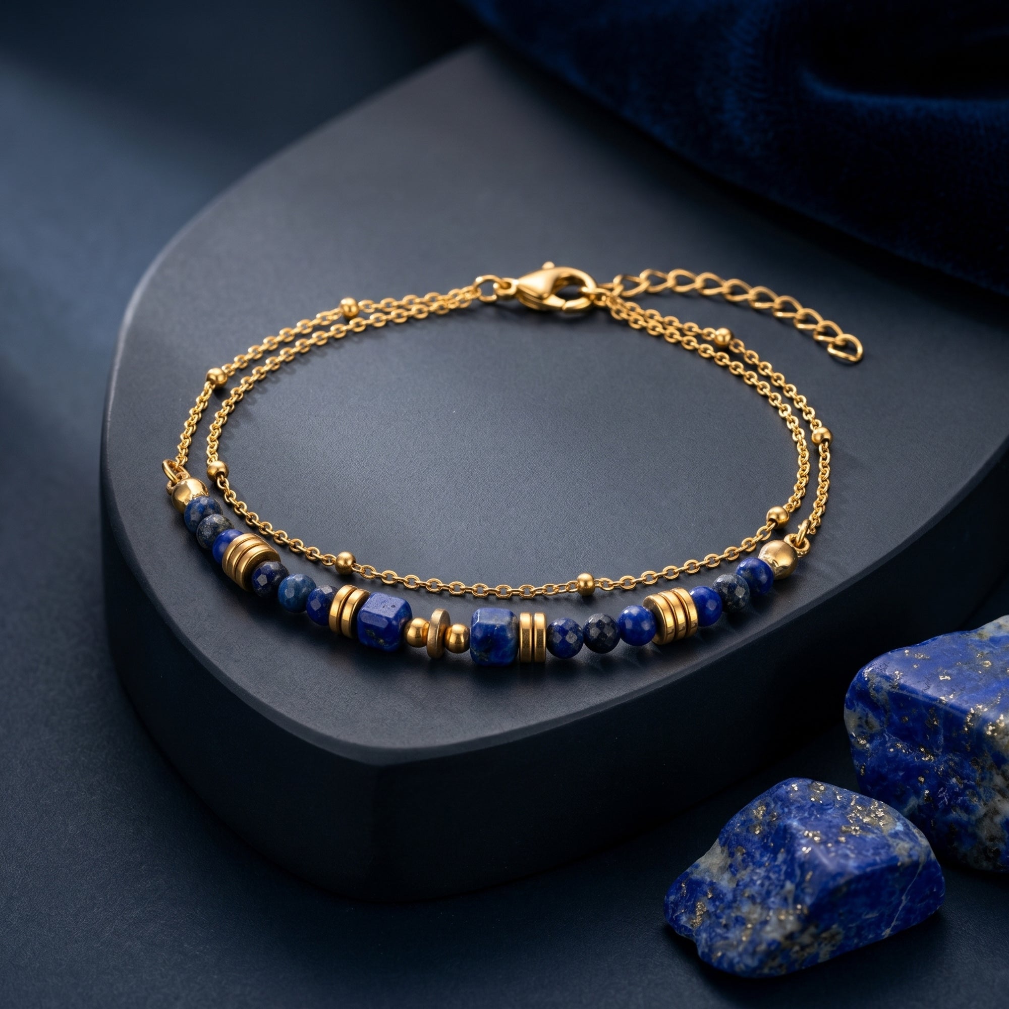 18K gold plated double chain bracelet with natural lapis lazuli beads on a dark pedestal with raw stones.