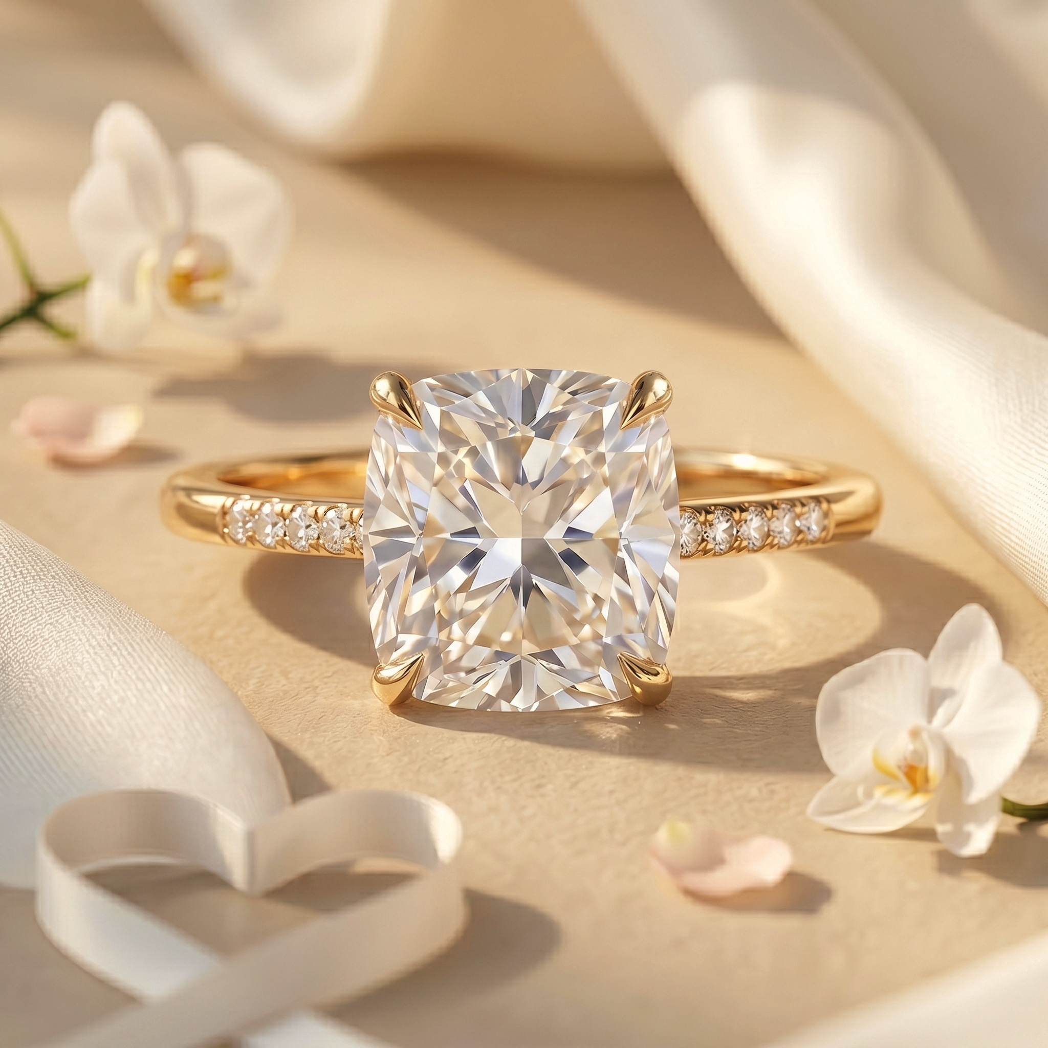 A cushion-cut moissanite engagement ring with a pave diamond band in yellow gold, styled on silk with white orchids.