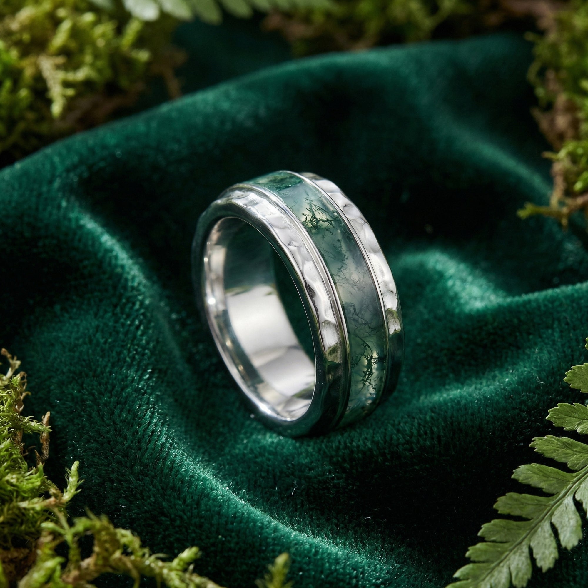 Natural Moss Agate Streamline Inlay Band Ring - S925 Sterling Silver