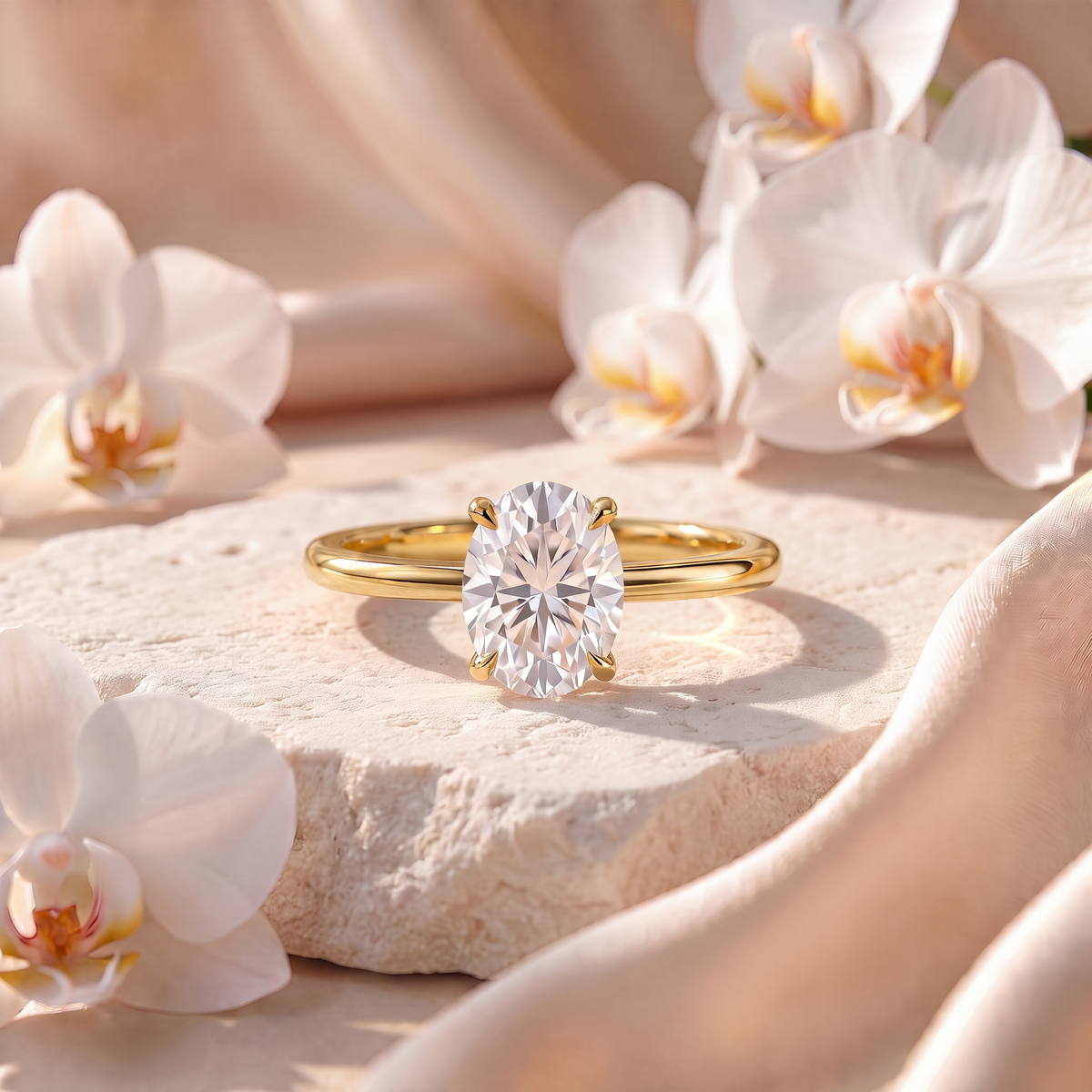 An oval moissanite solitaire engagement ring in yellow gold presented on a stone block with silk and orchids.
