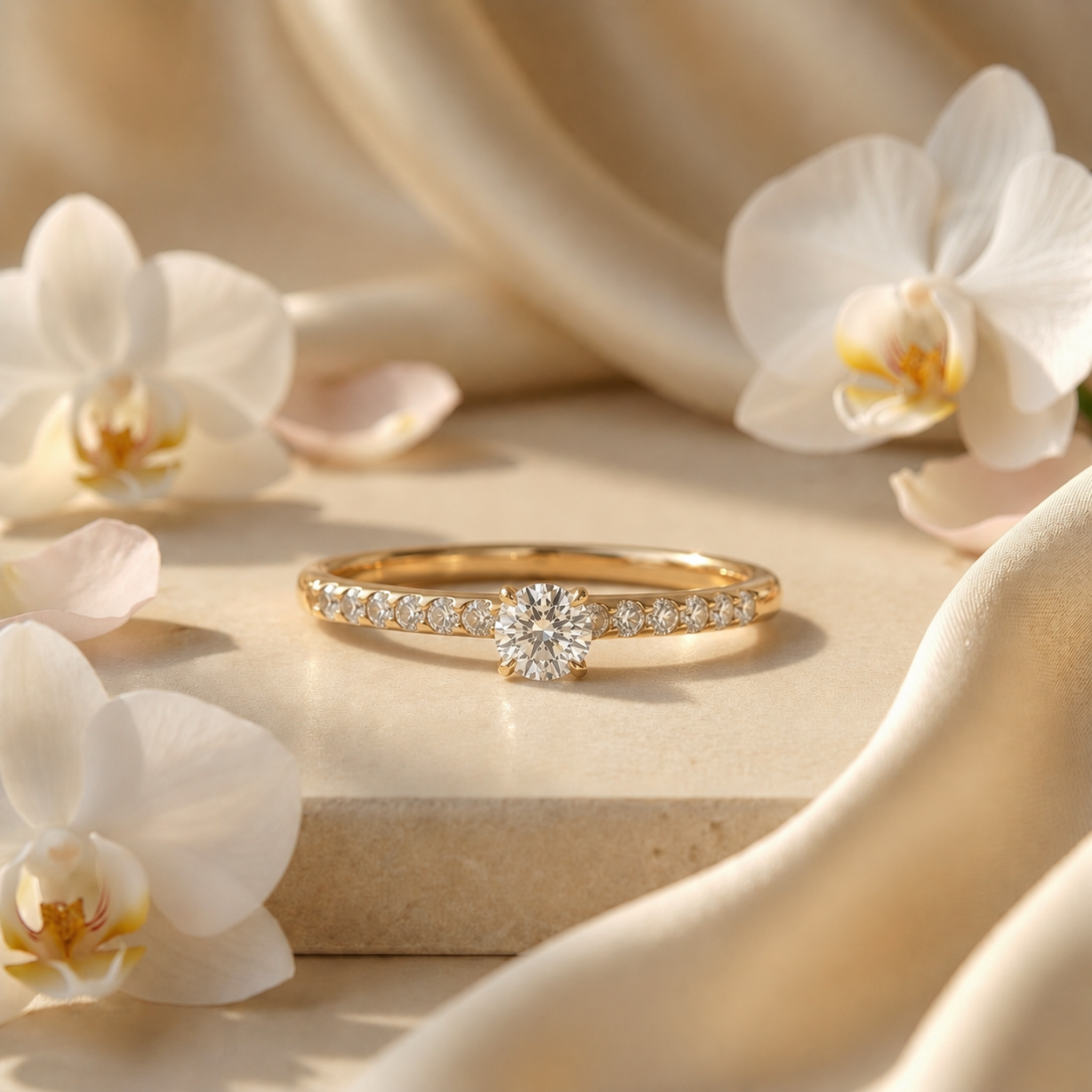 A round-cut moissanite engagement ring in yellow gold with a diamond-accented band, displayed on a neutral stone surface with white orchids.