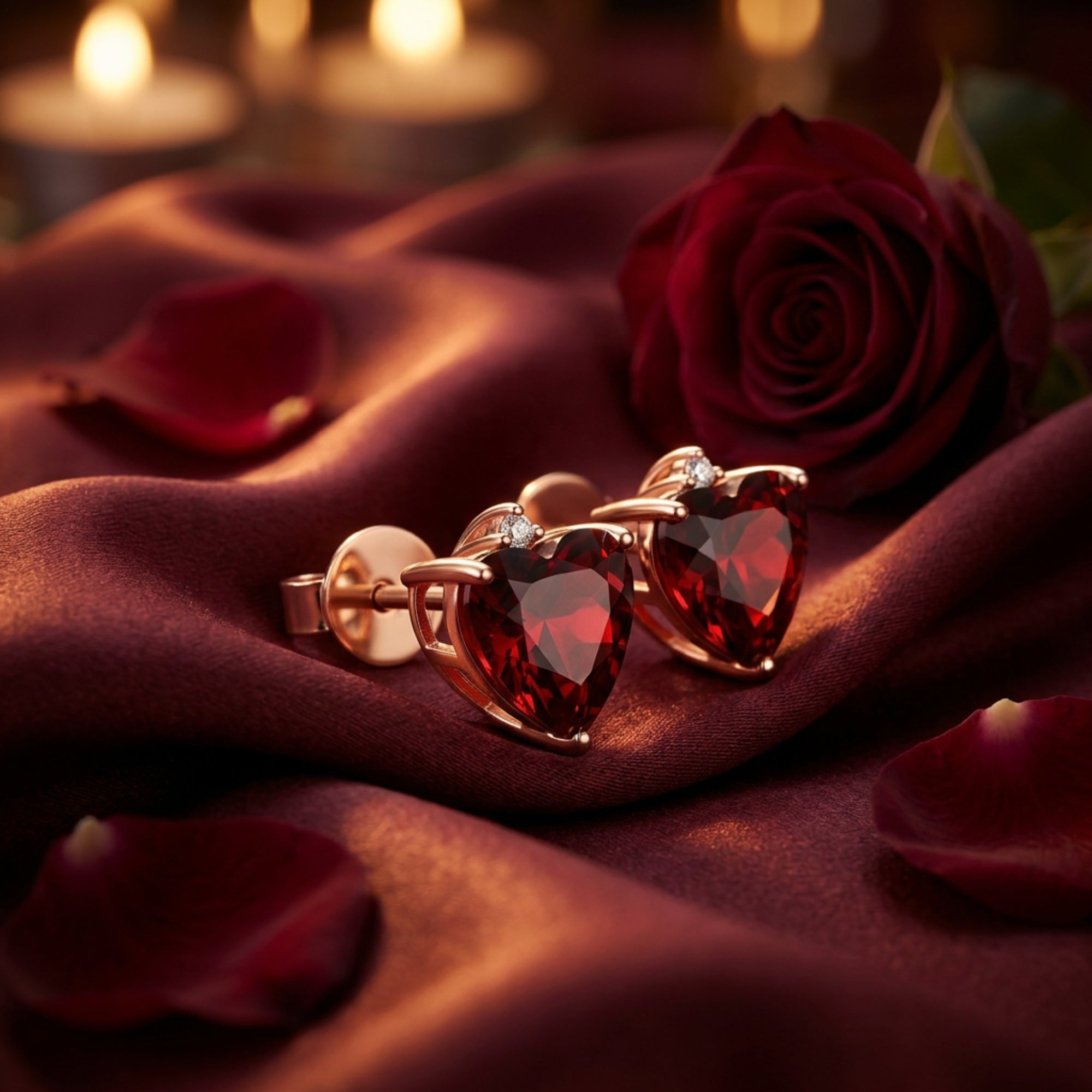 Heart-cut red garnet earrings in 18K rose gold resting on burgundy silk with rose petals and candles.