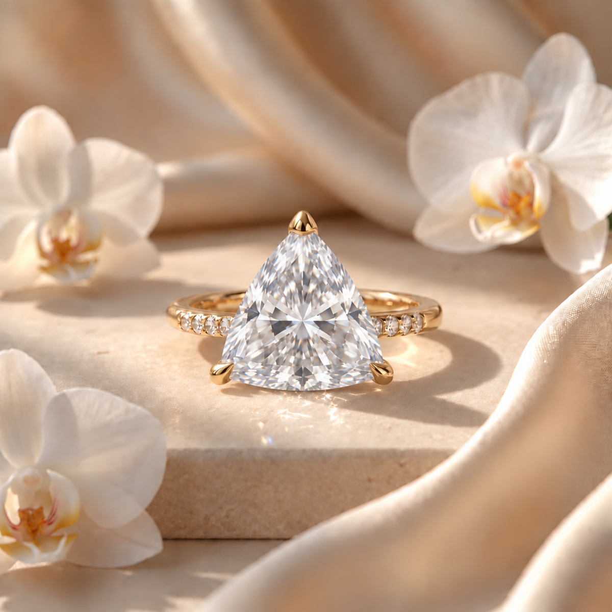 Front view of a yellow gold trillion-cut moissanite engagement ring with a pavé band displayed on a stone pedestal.