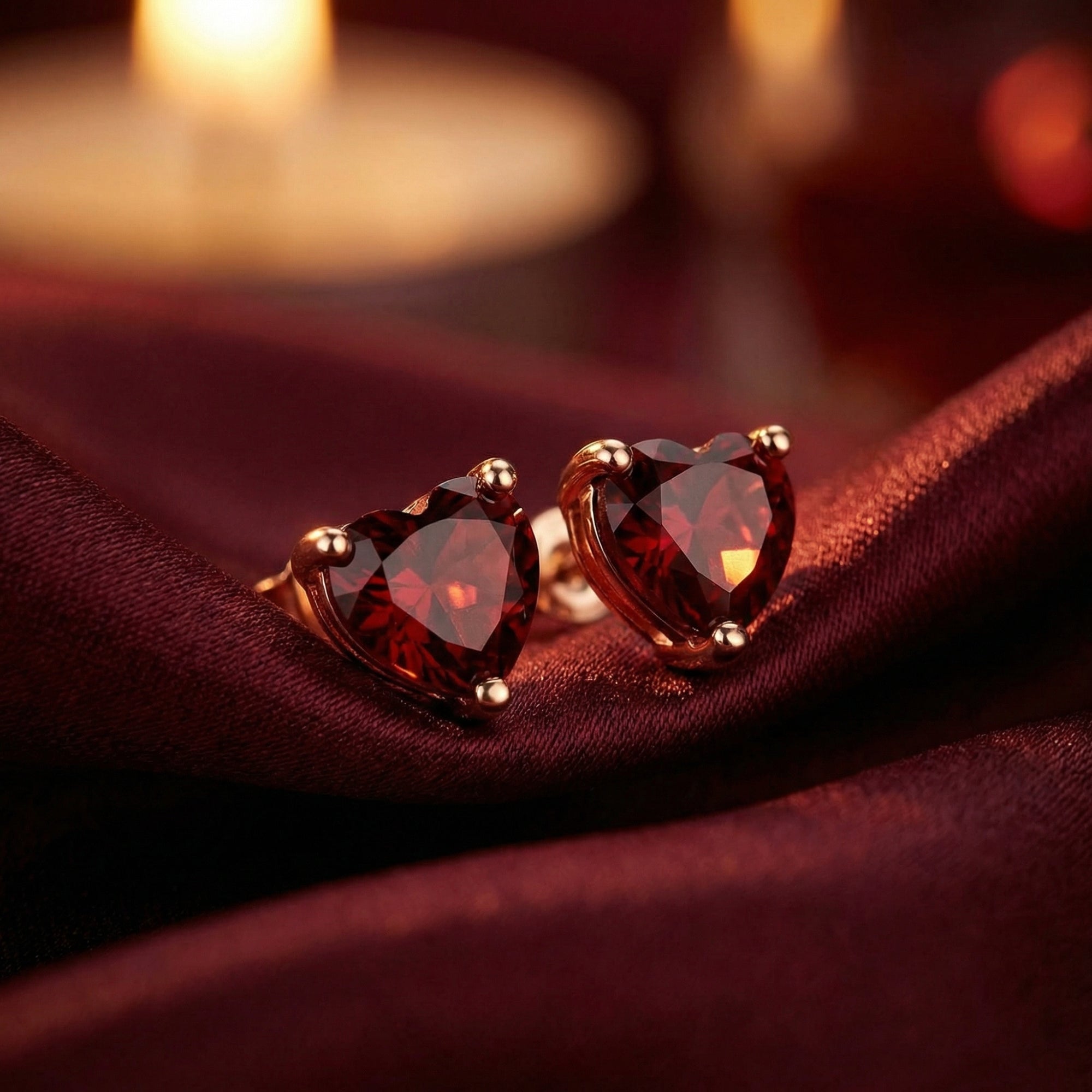 Heart-cut garnet stud earrings in 18K rose gold resting on elegant red silk fabric.