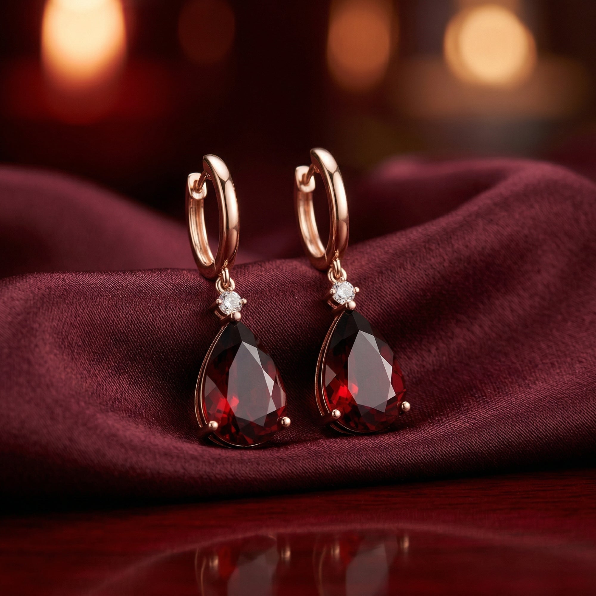 18K rose gold drop earrings with pear-cut garnets displayed on burgundy silk fabric with warm bokeh.