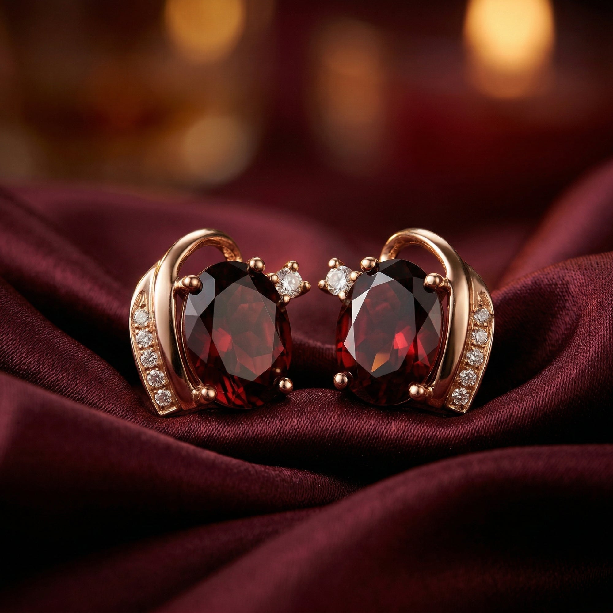 Carisia 18K rose gold drop earrings with oval garnets and diamond accents resting on burgundy silk fabric.