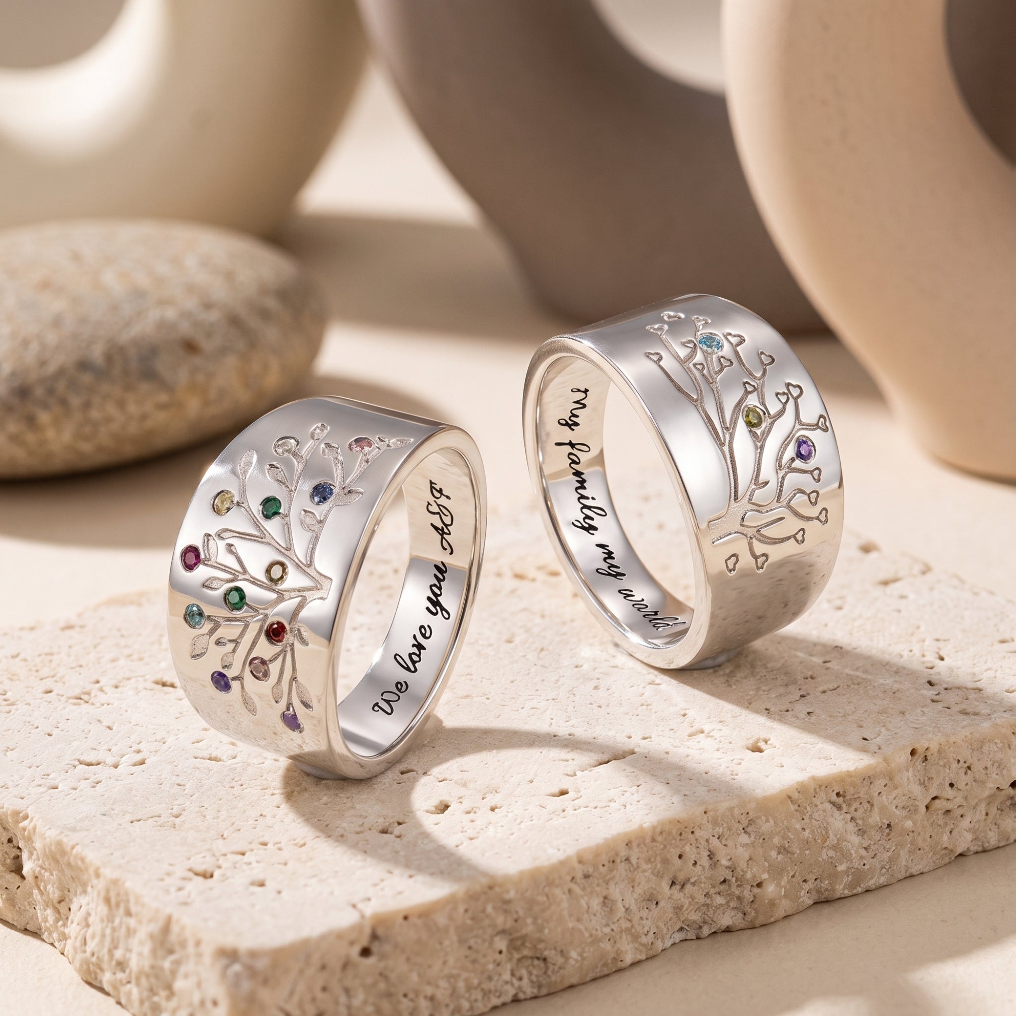 The Legacy Roots family tree ring in solid gold with simulated birthstones.