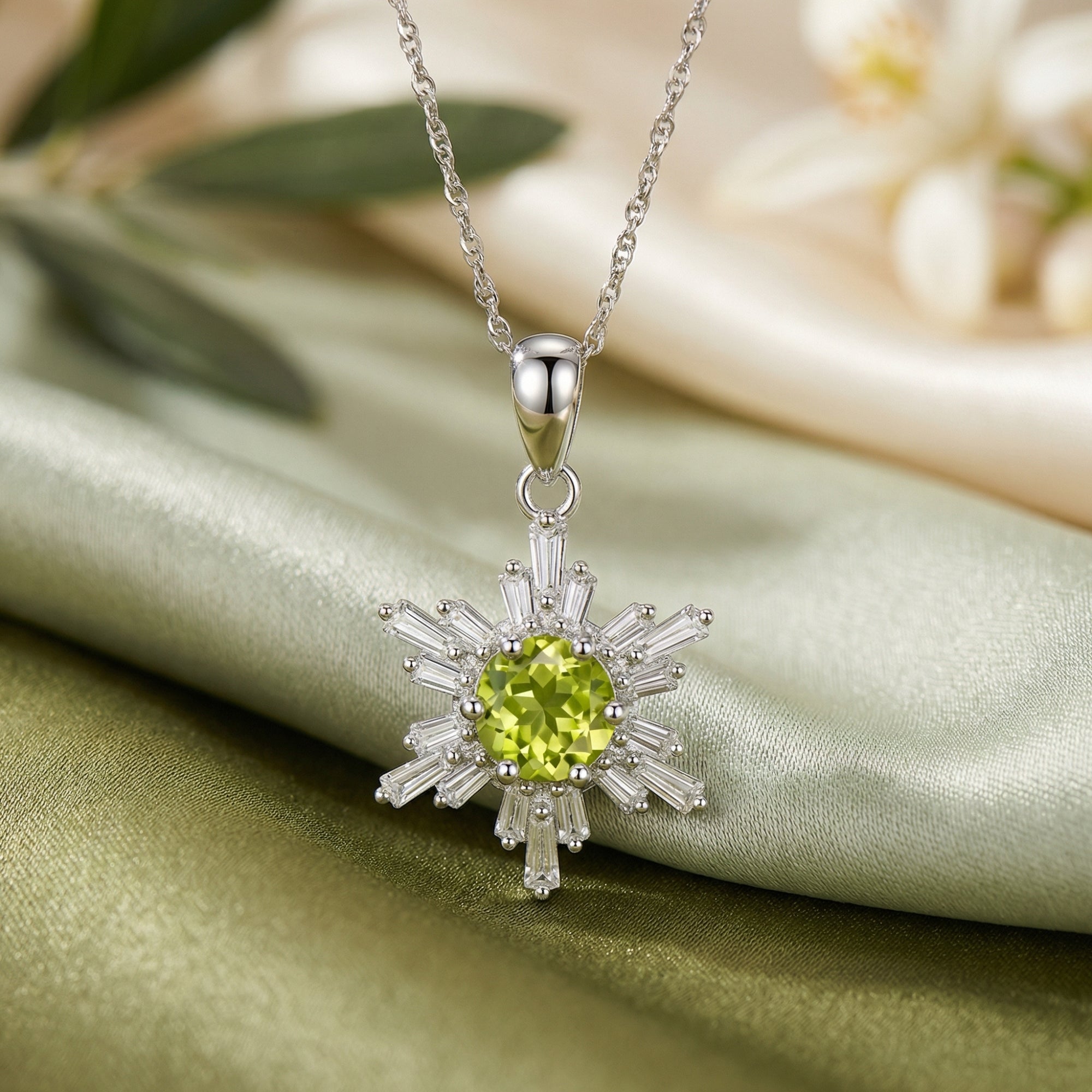 Round cut natural peridot snowflake pendant in S925 sterling silver resting on green silk fabric.