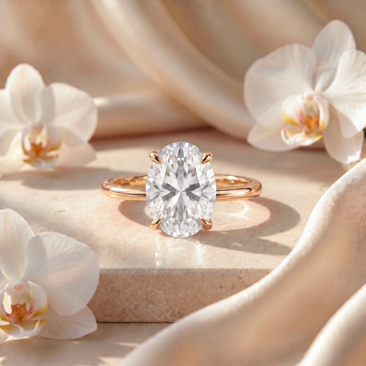 Front view of an oval-cut moissanite solitaire engagement ring in yellow gold.